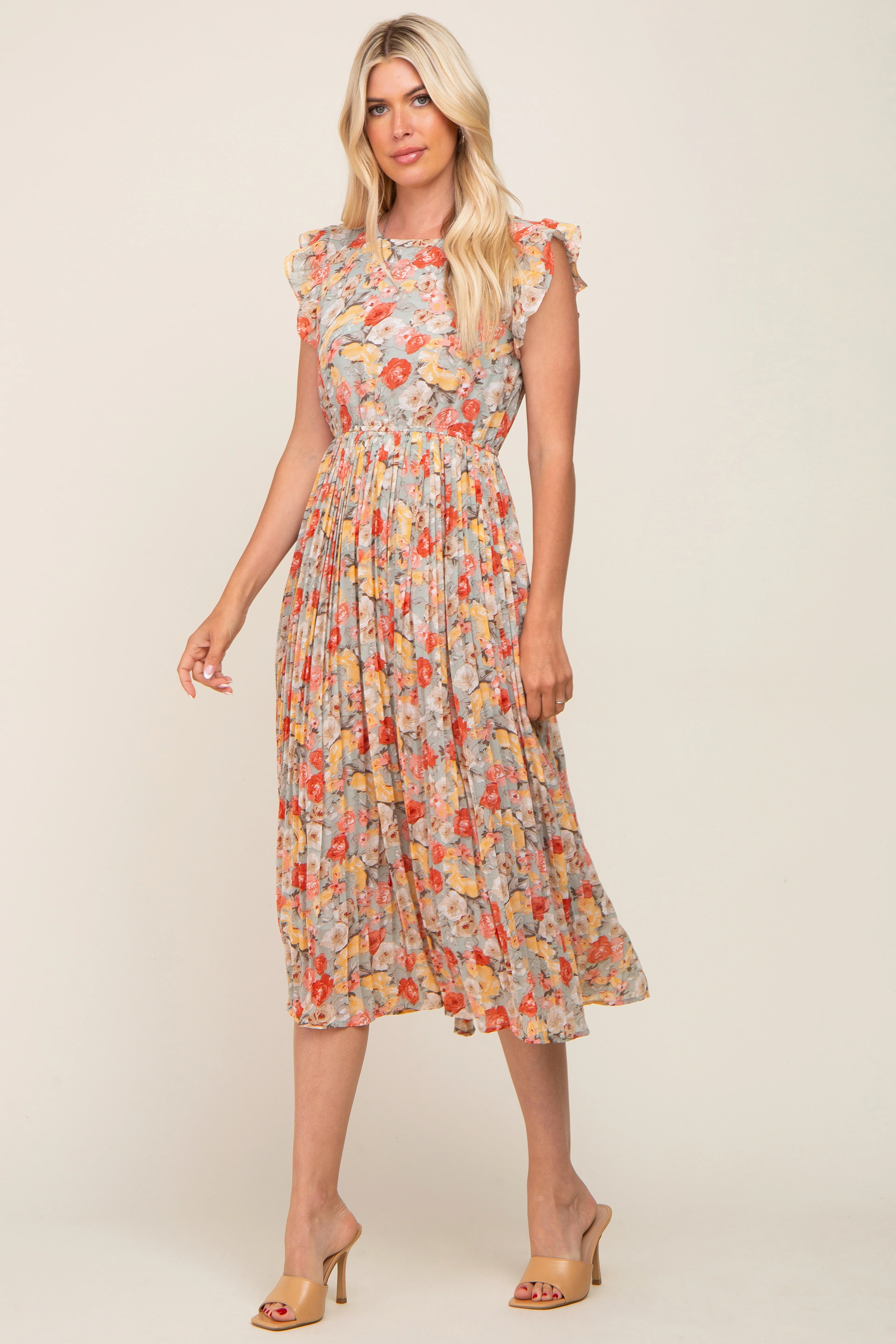 Mint Green Floral Chiffon Pleated Maternity Midi Dress - Image 6