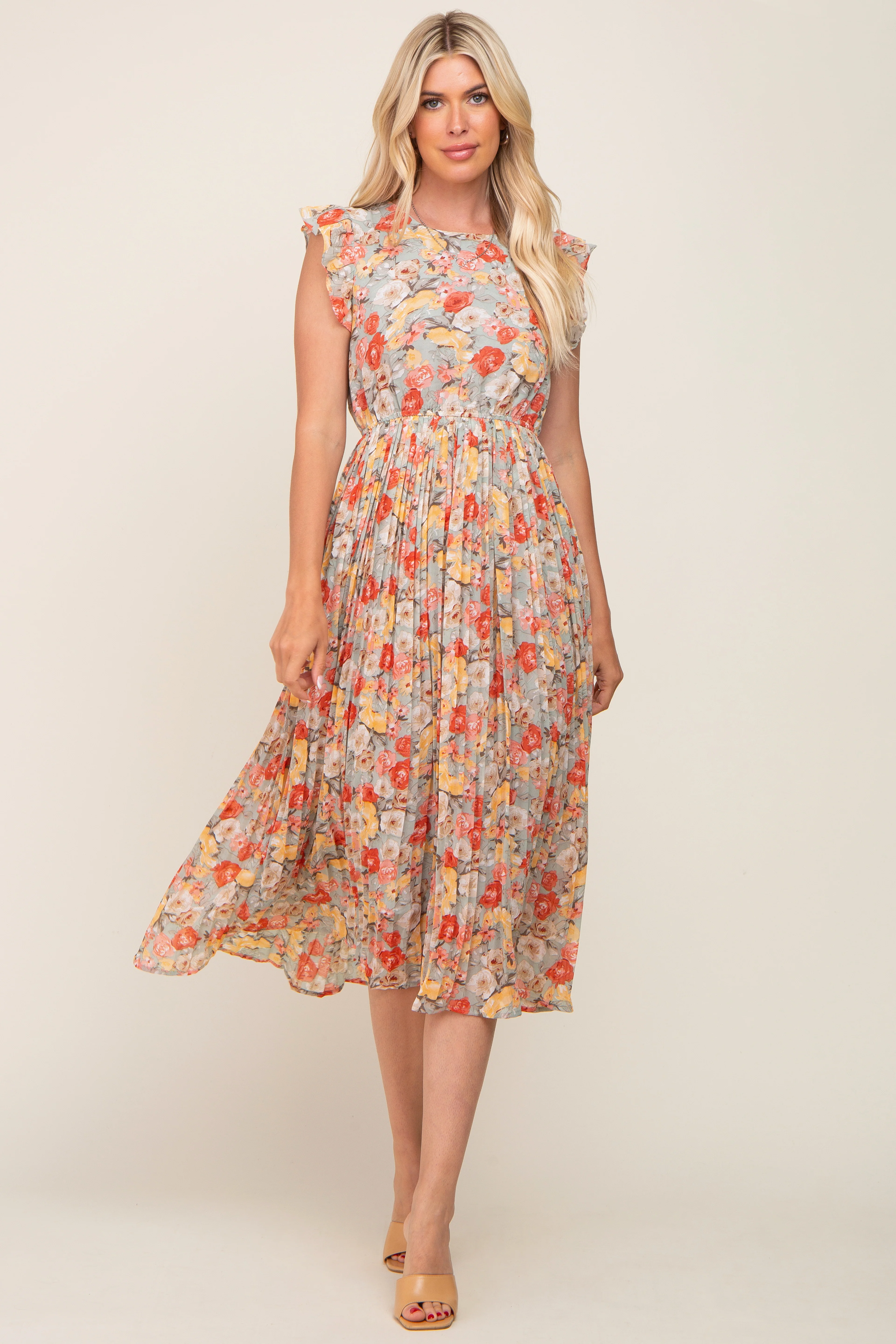 Mint Green Floral Chiffon Pleated Midi Dress - Image 4