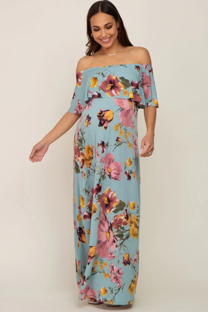 Mint Green Floral Off Shoulder Maternity Maxi Dress - Image 4