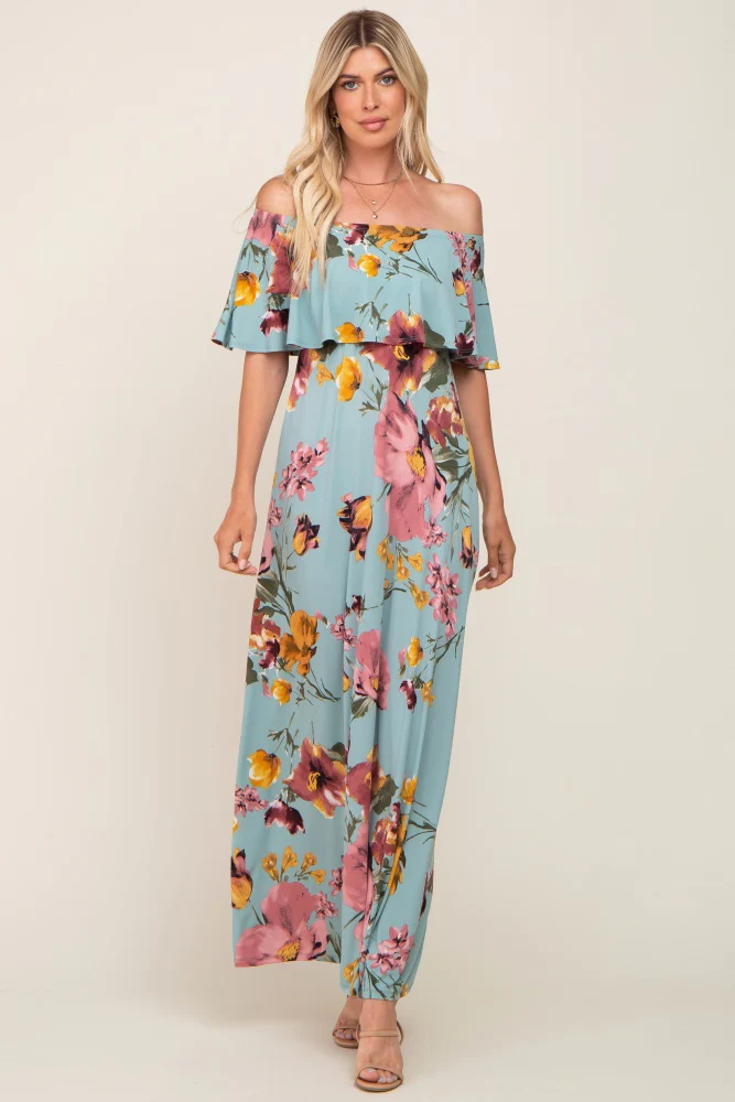 Mint Green Floral Off Shoulder Maternity Maxi Dress - Image 5