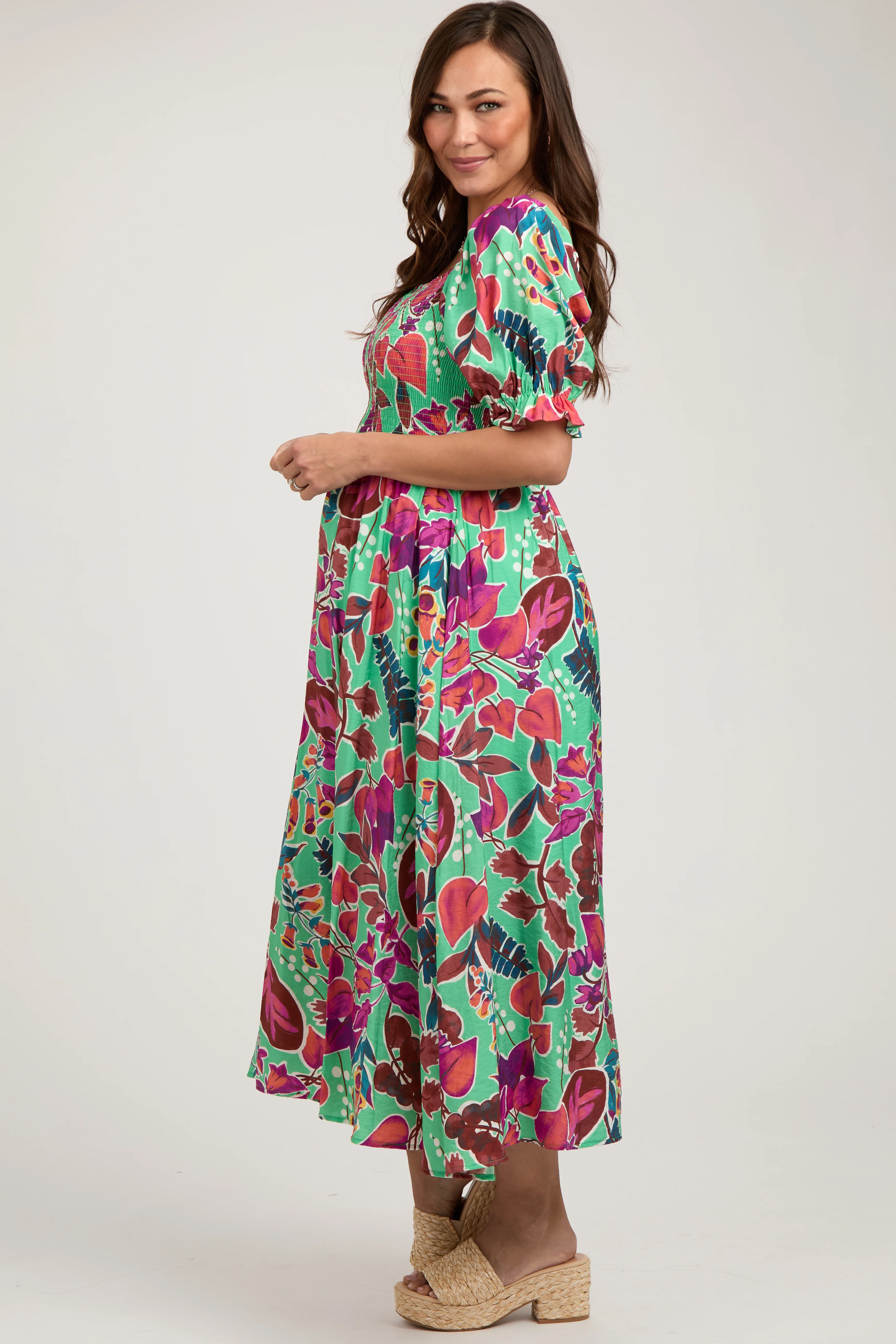 Mint Green Floral Puff Sleeve Maternity Maxi Dress - Image 3