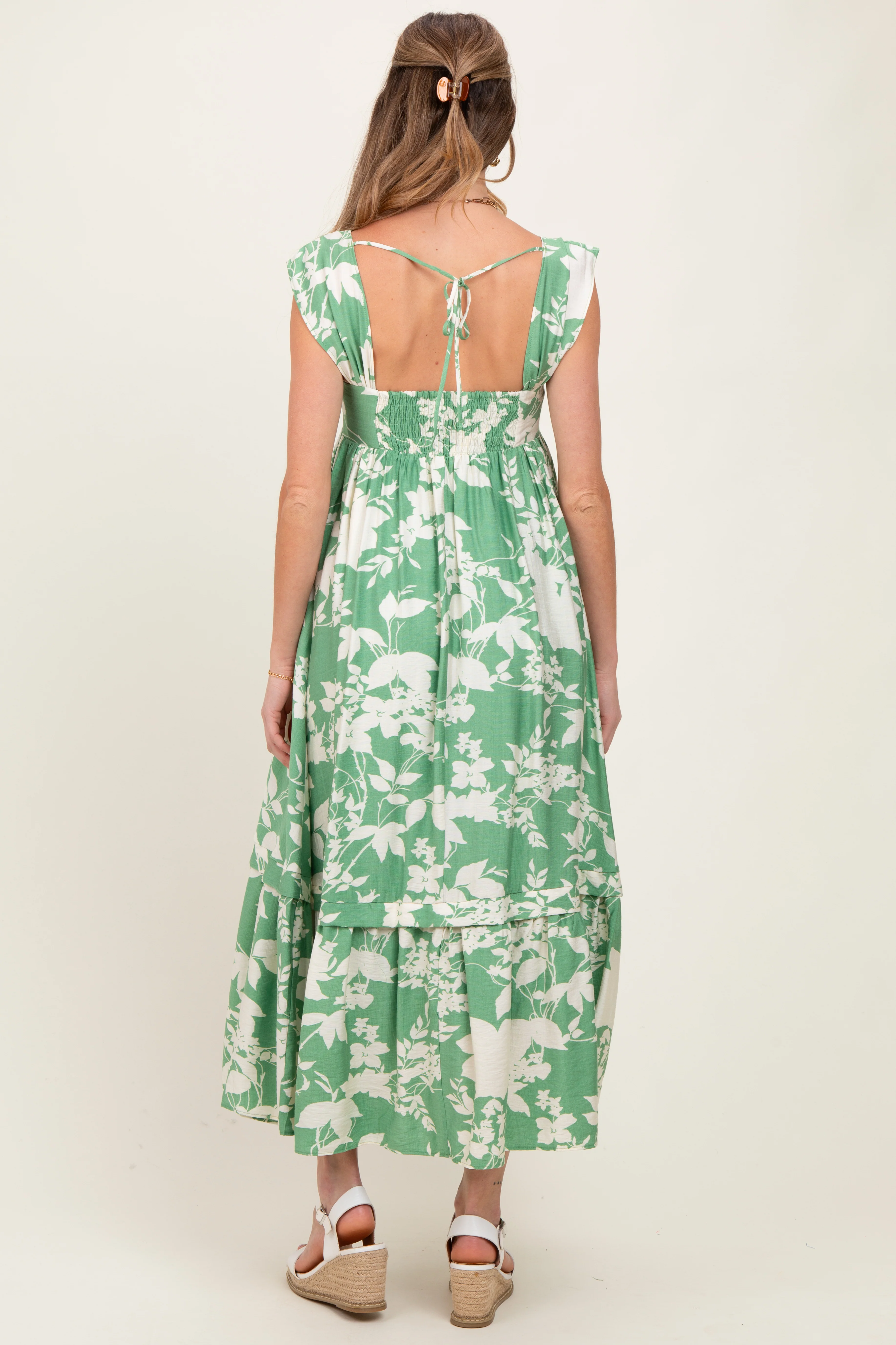 Mint Green Floral Square Neck Maternity Midi Dress - Image 3