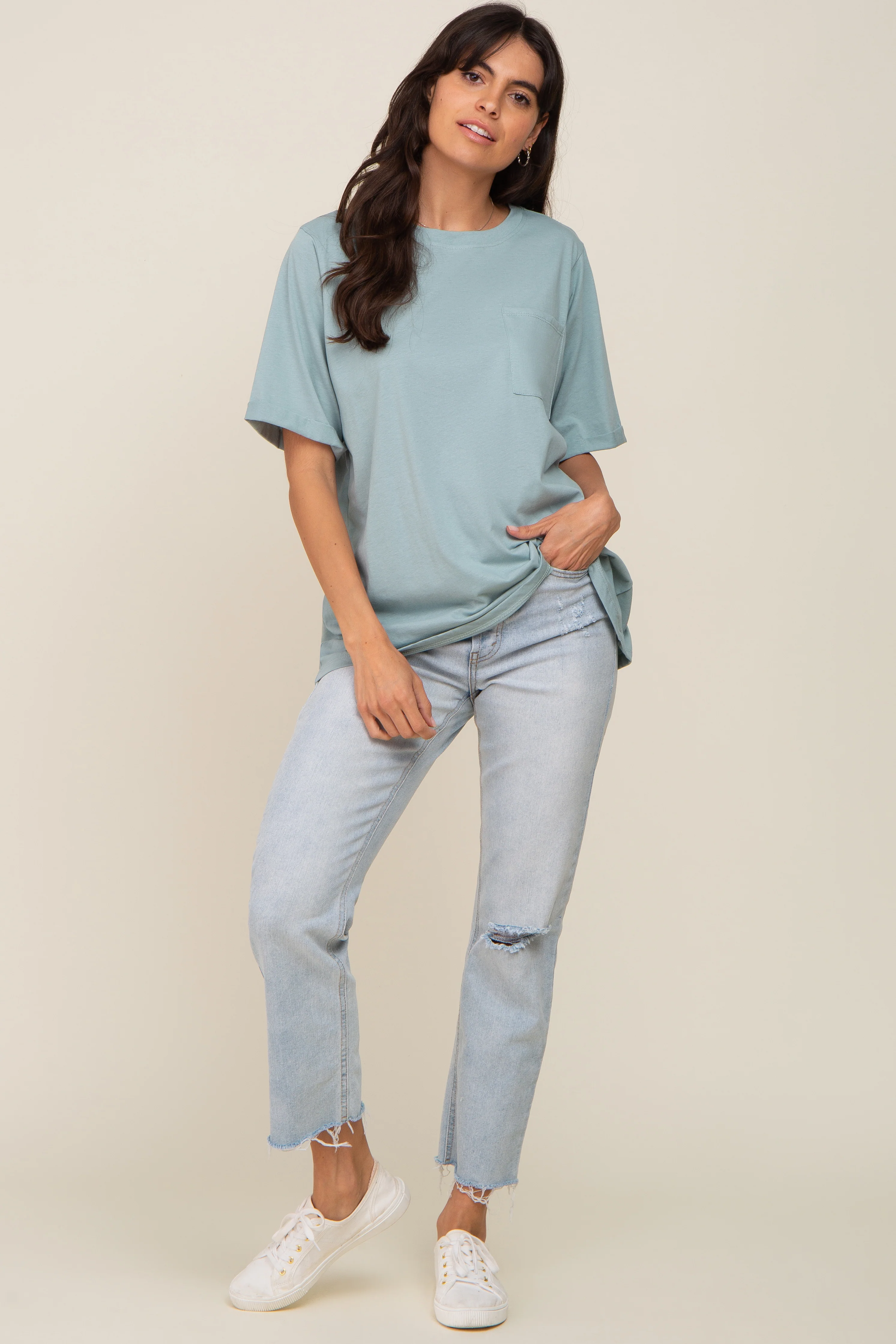 Mint Green Oversized Pocket Front Short Sleeve Top - Image 4