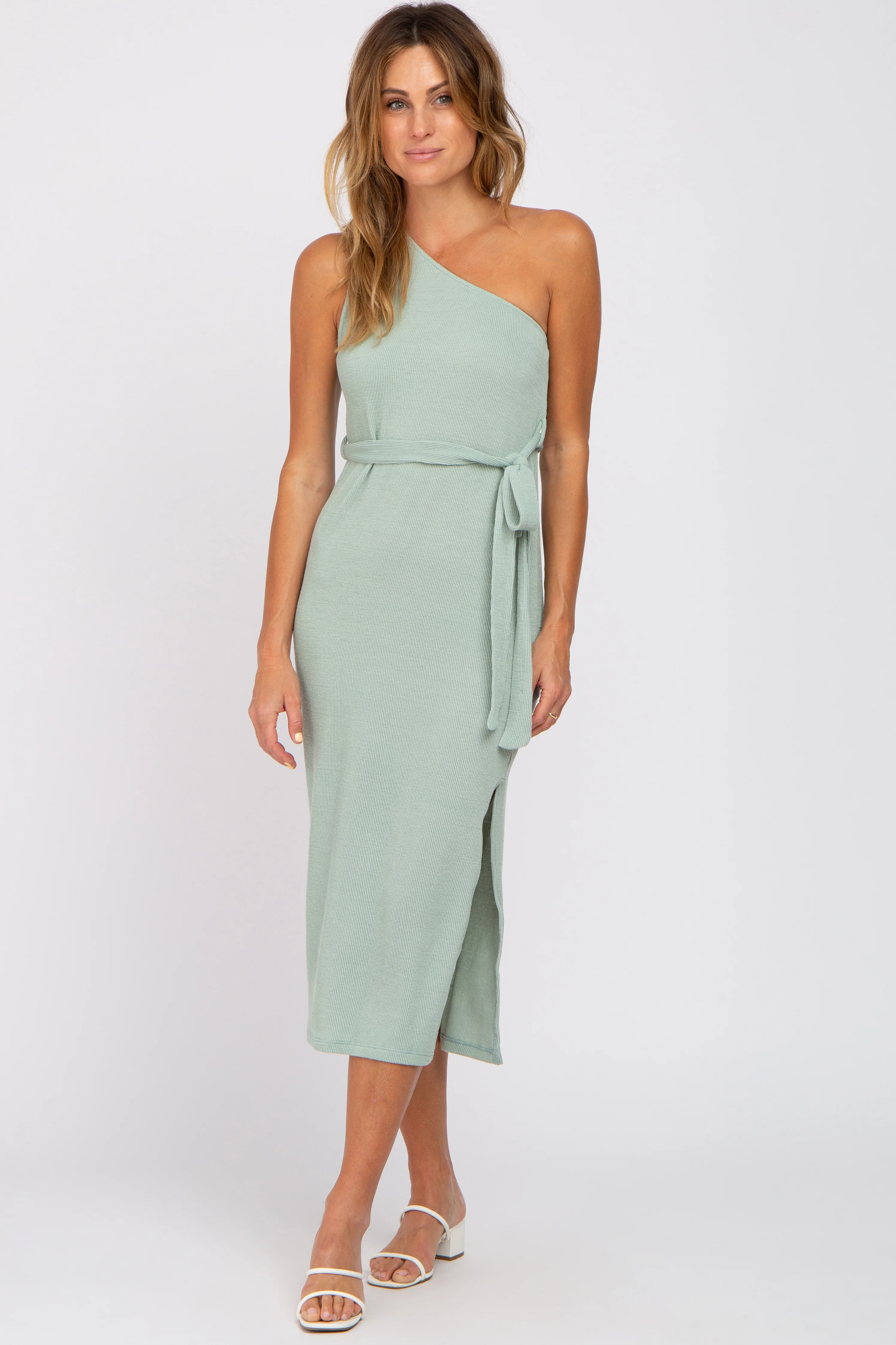Mint Green Ribbed One Shoulder Side Slit Maternity Midi Dress - Image 5