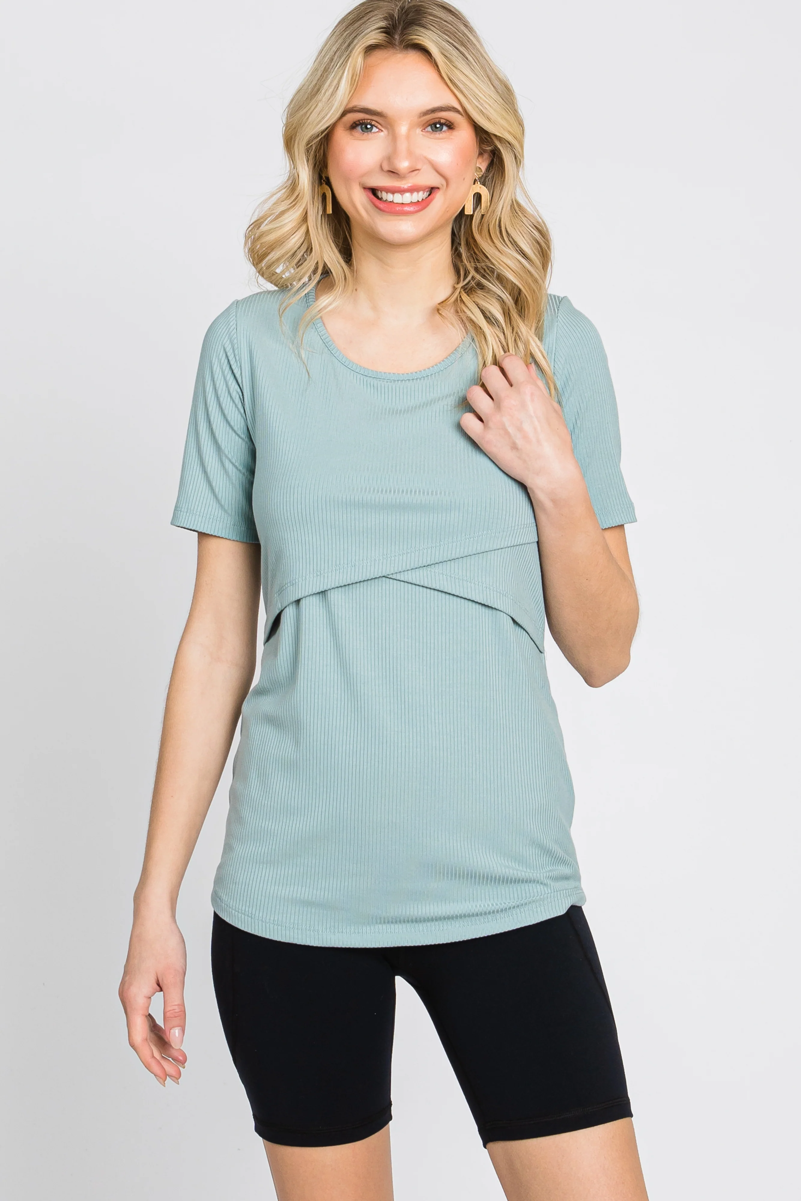 Mint Green Ribbed Wrap Front Maternity/Nursing Top - Image 6