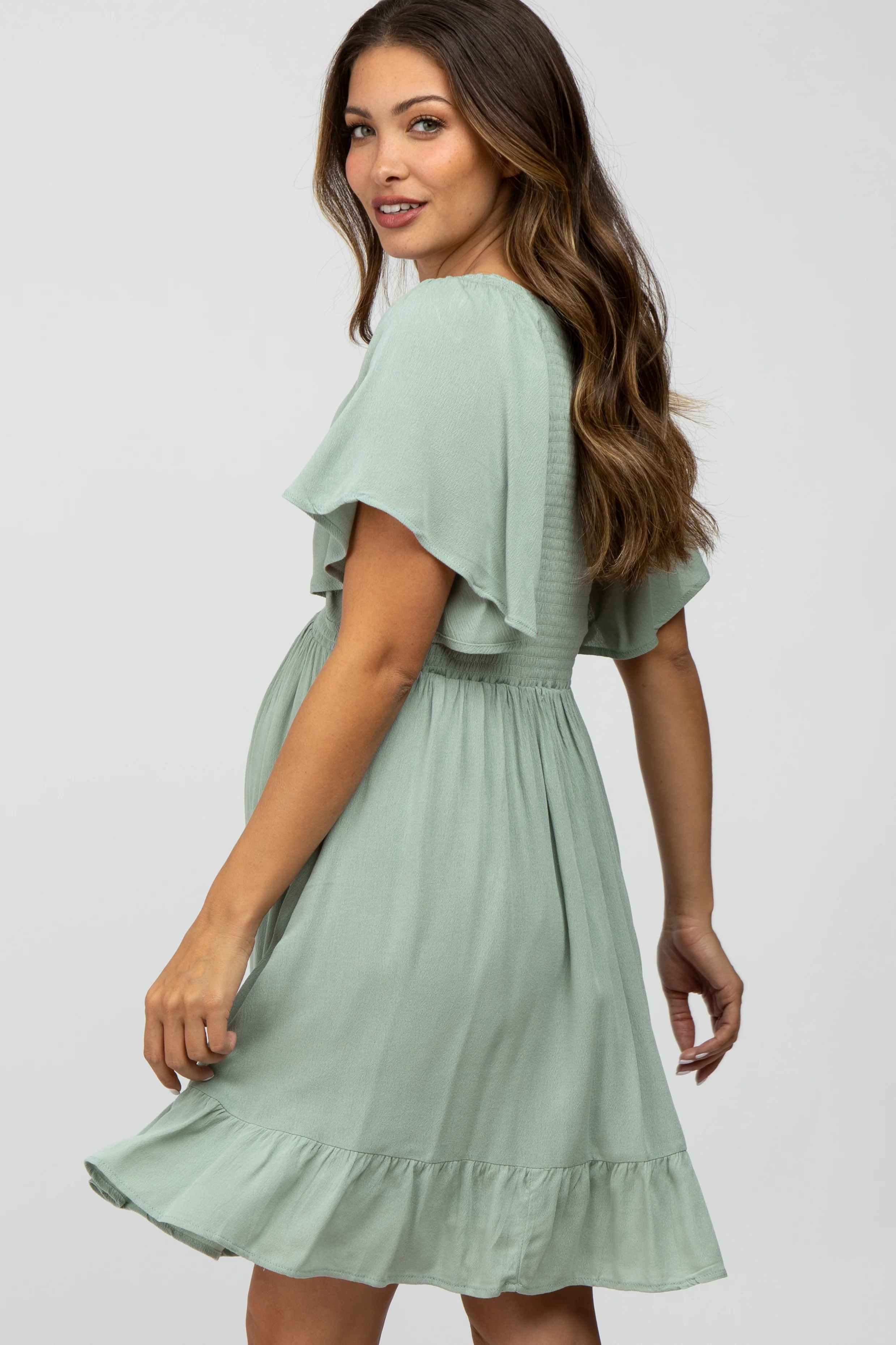 Mint Green Smocked Front Ruffle Hem Maternity Dress - Image 3