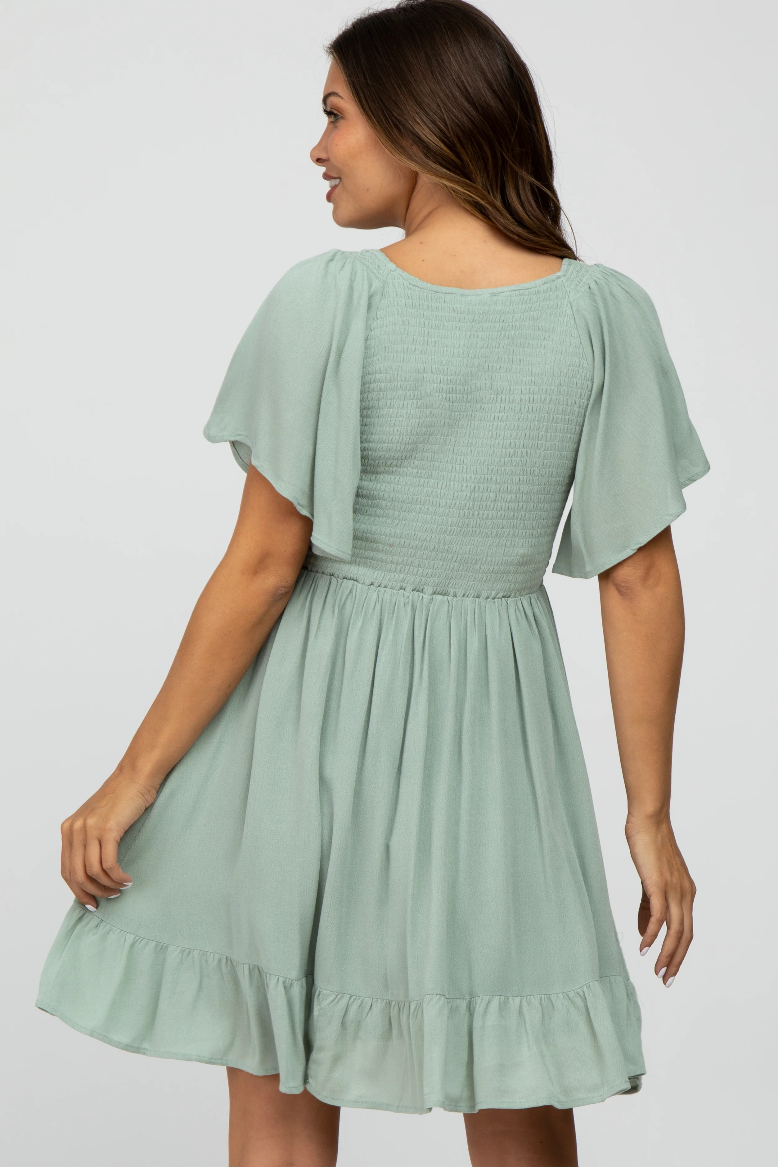 Mint Green Smocked Front Ruffle Hem Maternity Dress - Image 4