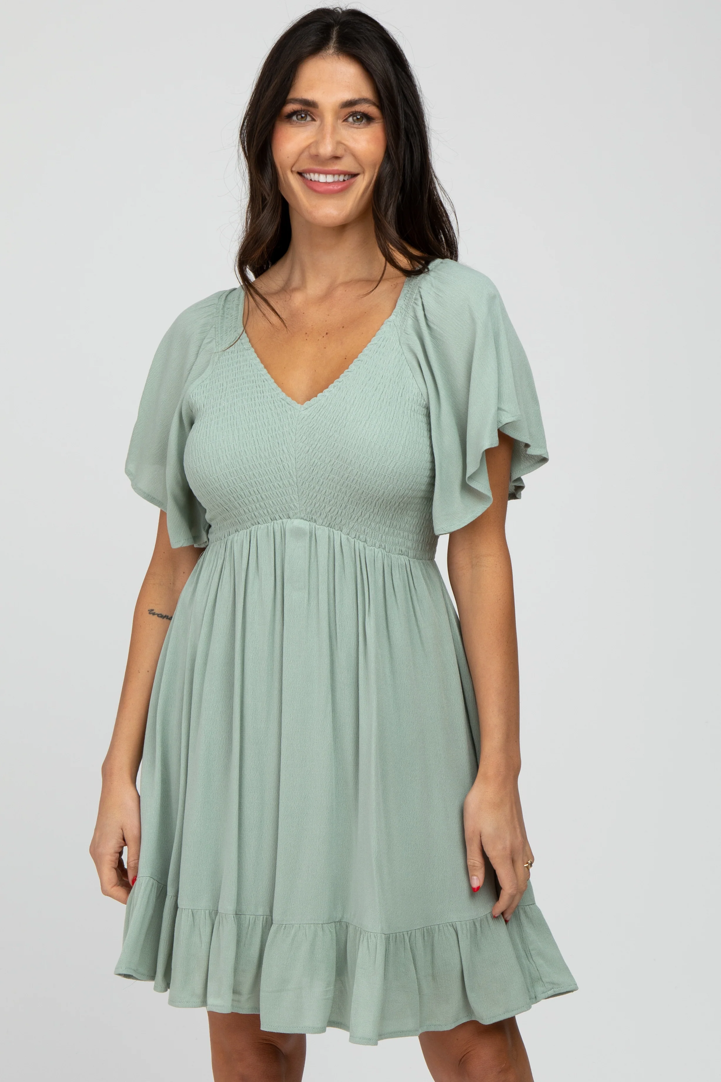Mint Green Smocked Front Ruffle Hem Maternity Dress - Image 5