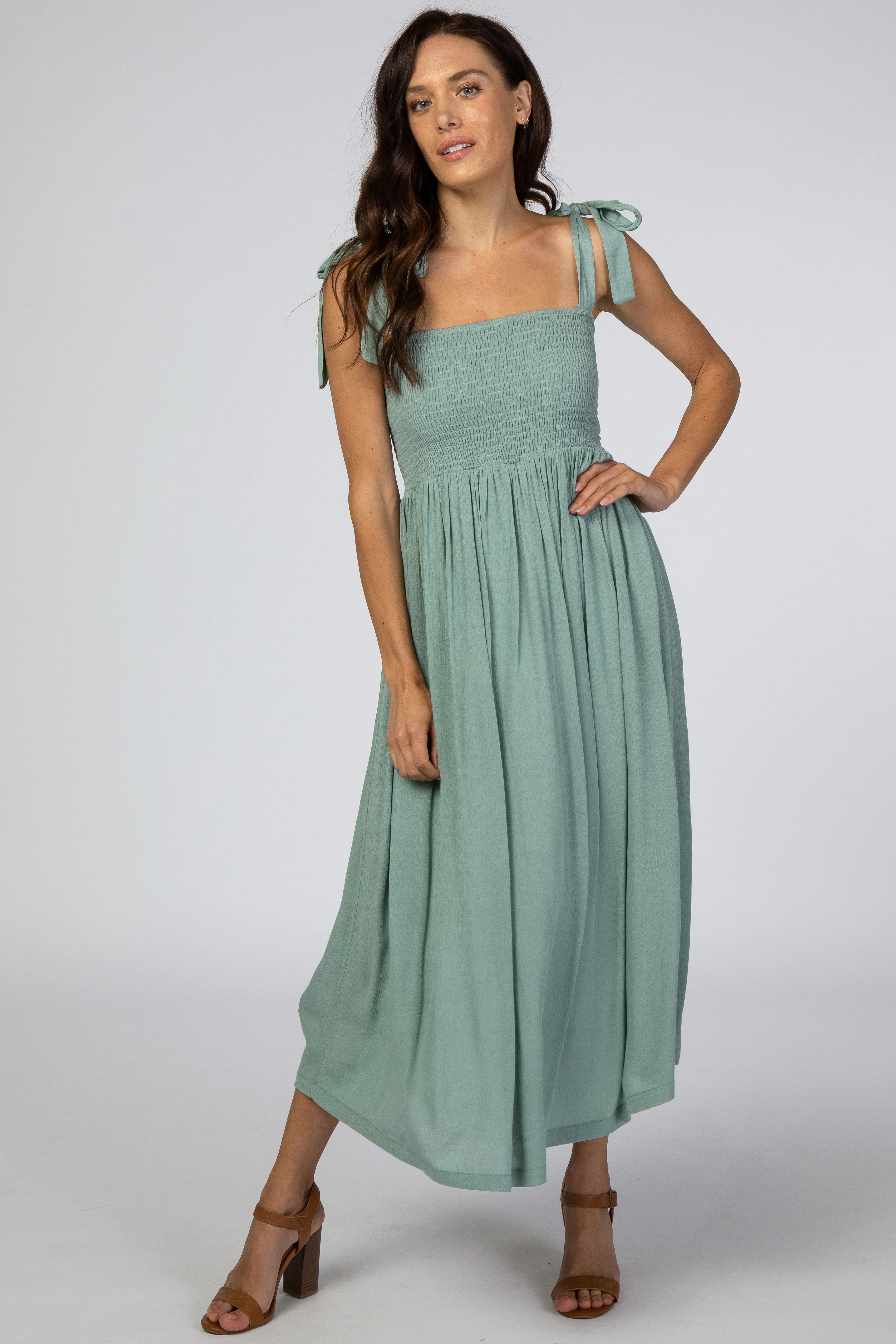 Mint Green Smocked Tie Strap Maternity Midi Dress - Image 13