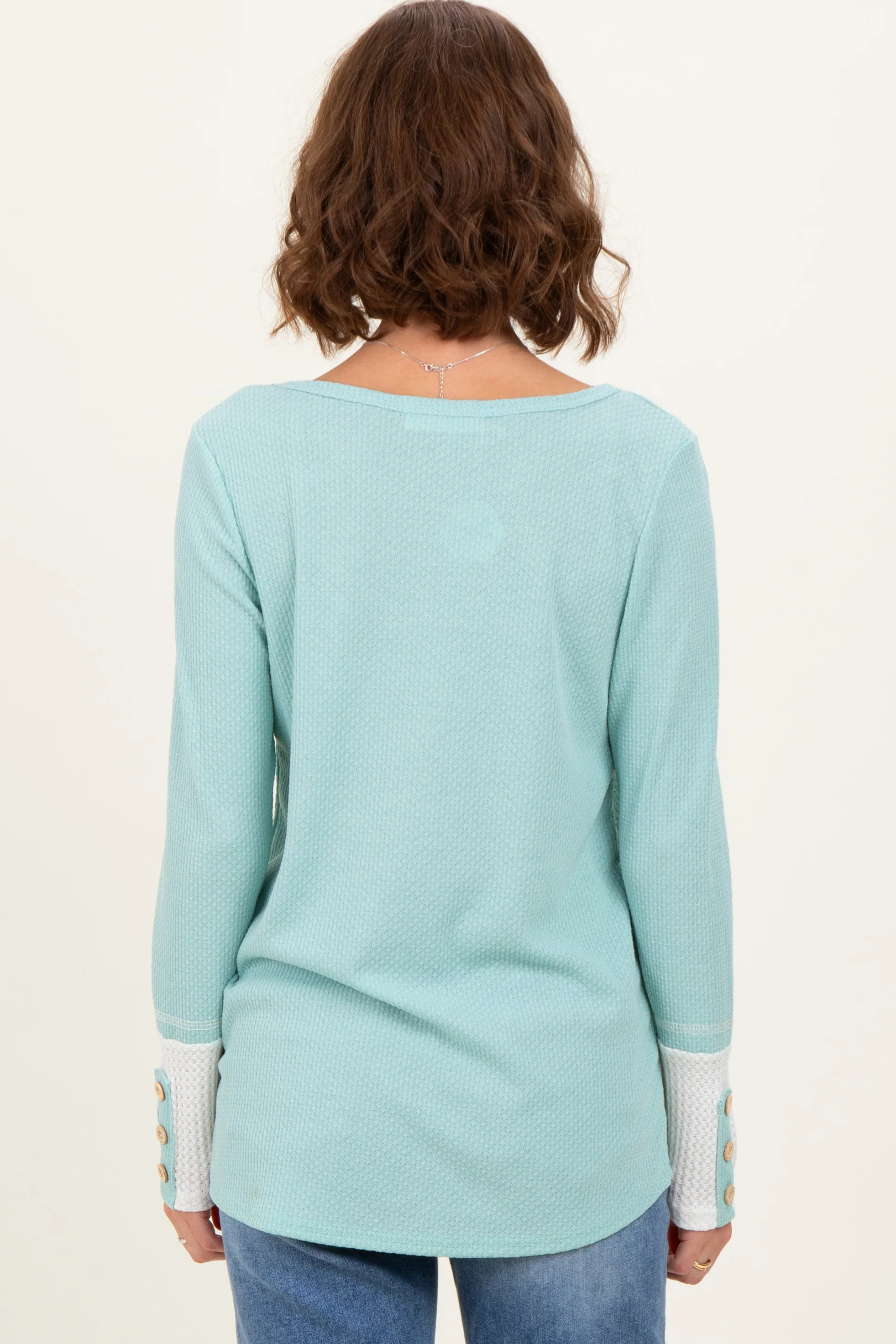 Mint Green Waffle Knit Colorblock Long Sleeve Top - Image 3