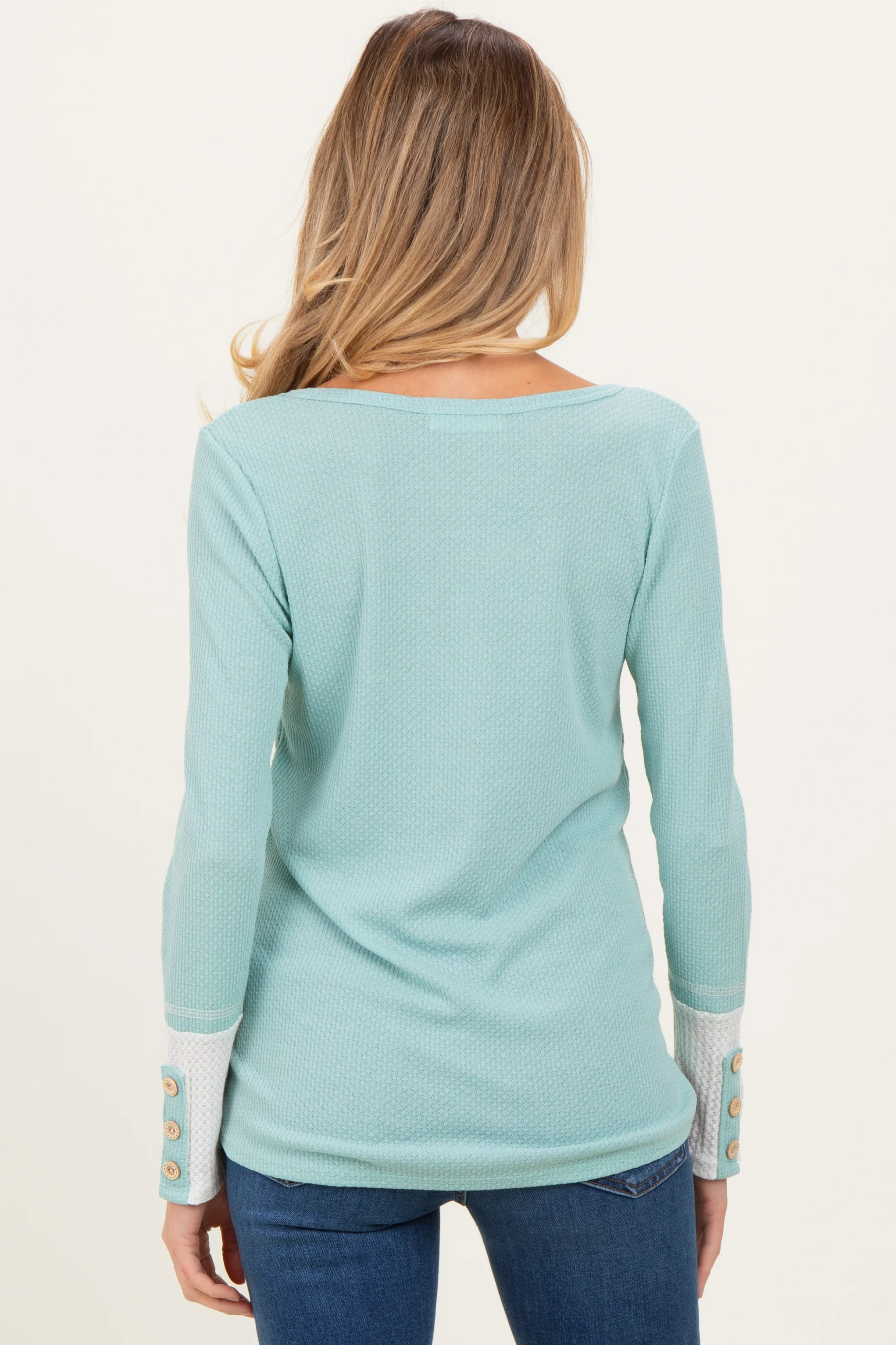 Mint Green Waffle Knit Colorblock Maternity Long Sleeve Top - Image 3