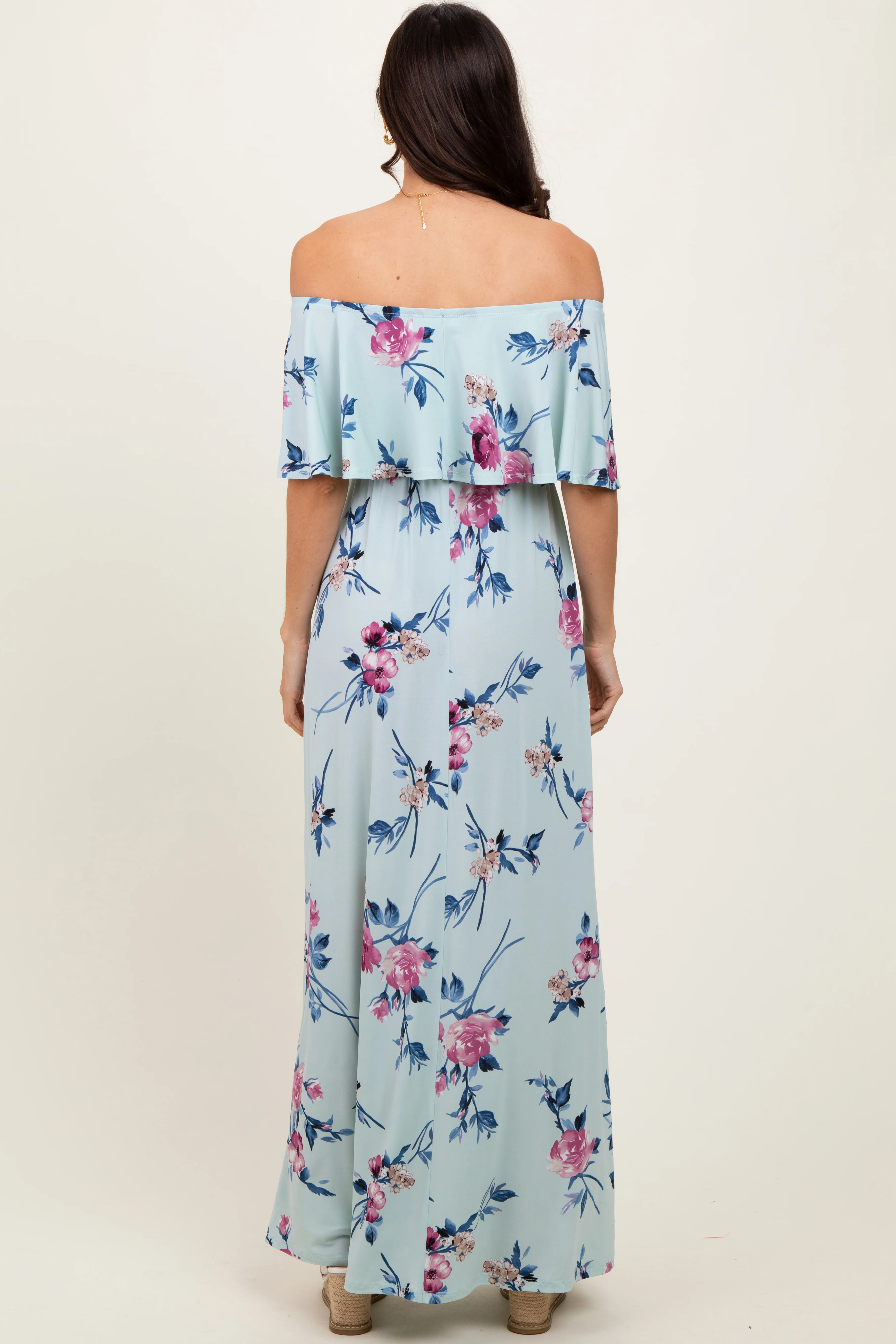 Mint Off Shoulder Floral Ruffle Maxi Dress - Image 4