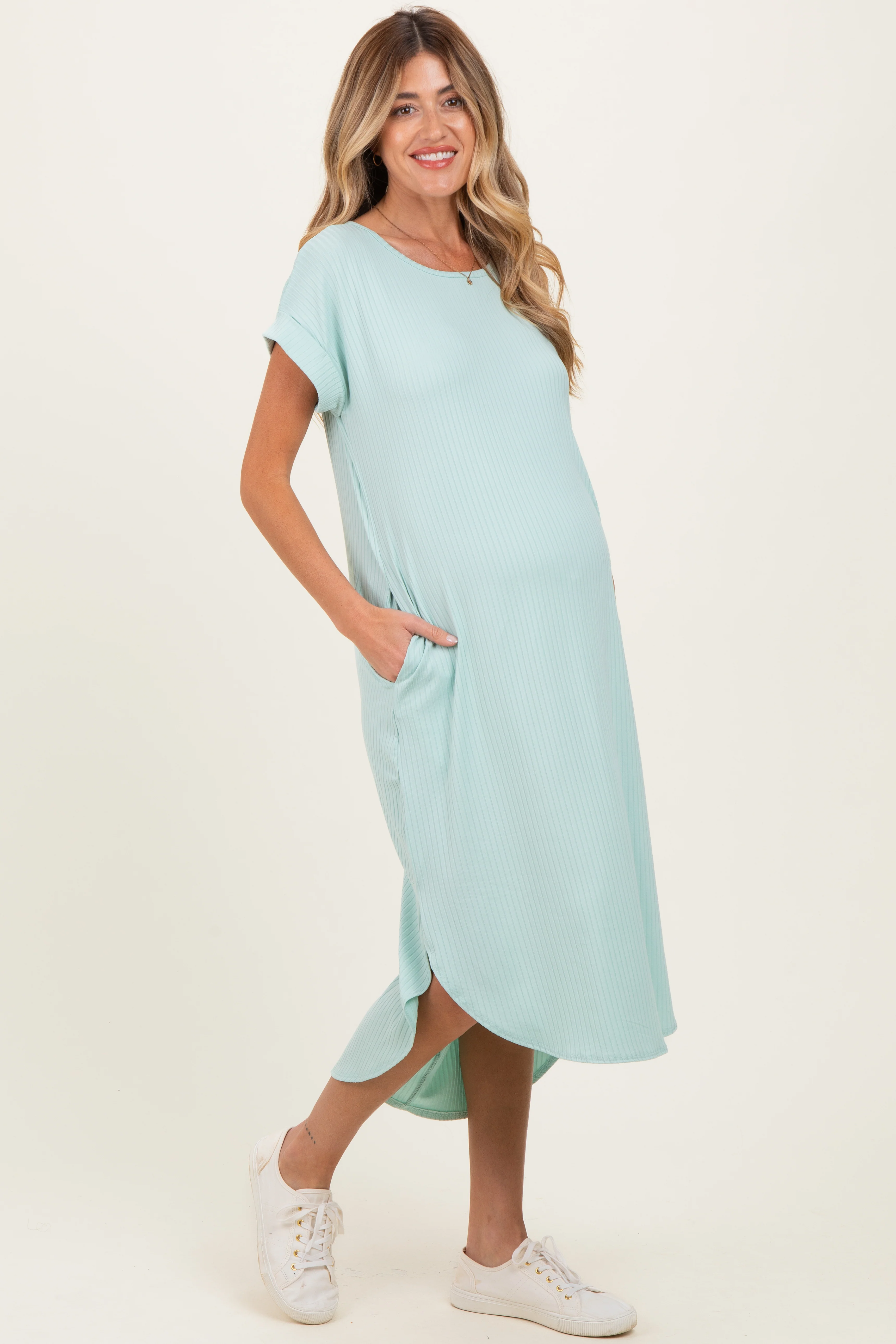 Mint Ribbed Curved Hem Maternity Midi Dress - Image 3