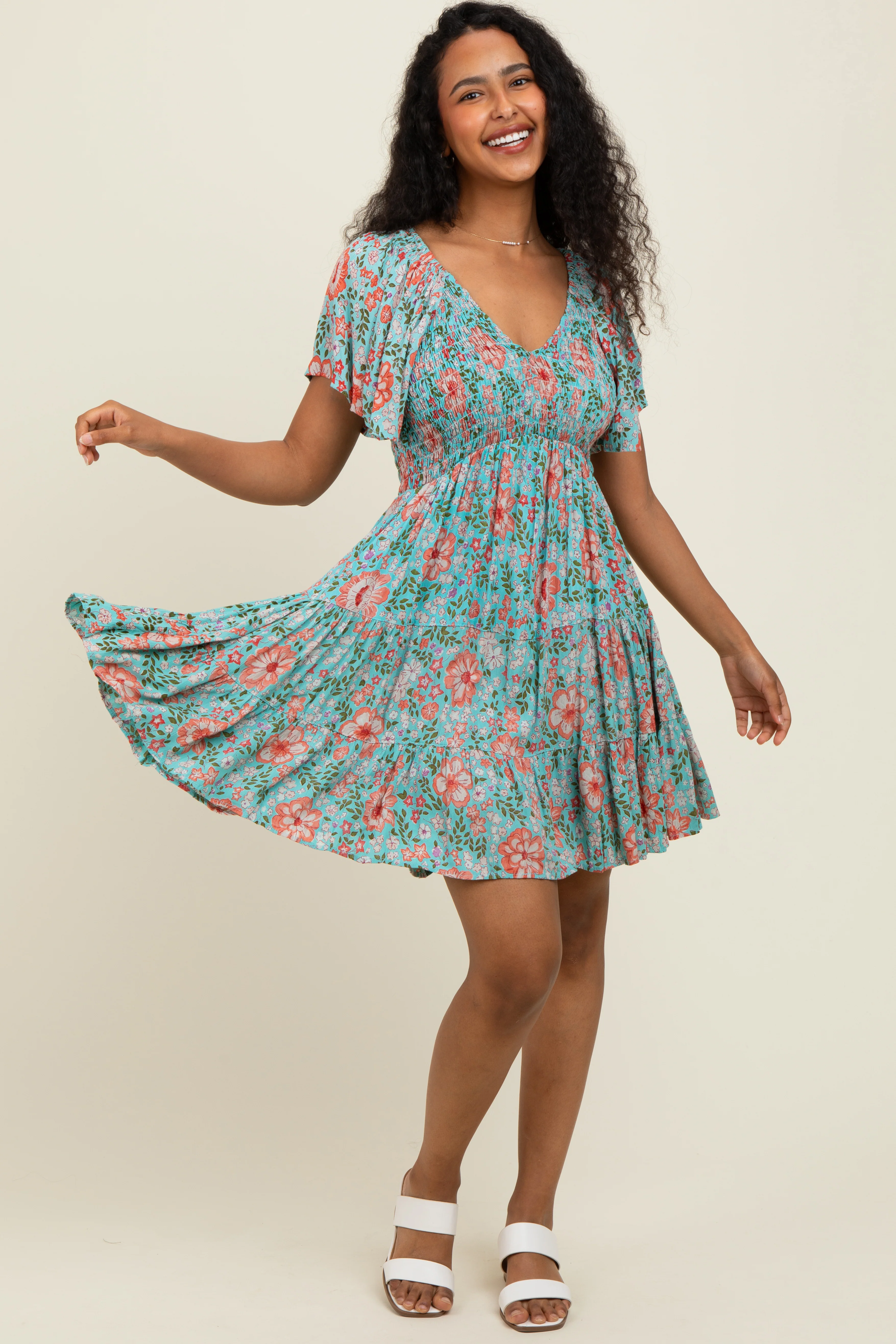 Mint Smocked Bodice V Neck Flutter Sleeve Dress - Image 2