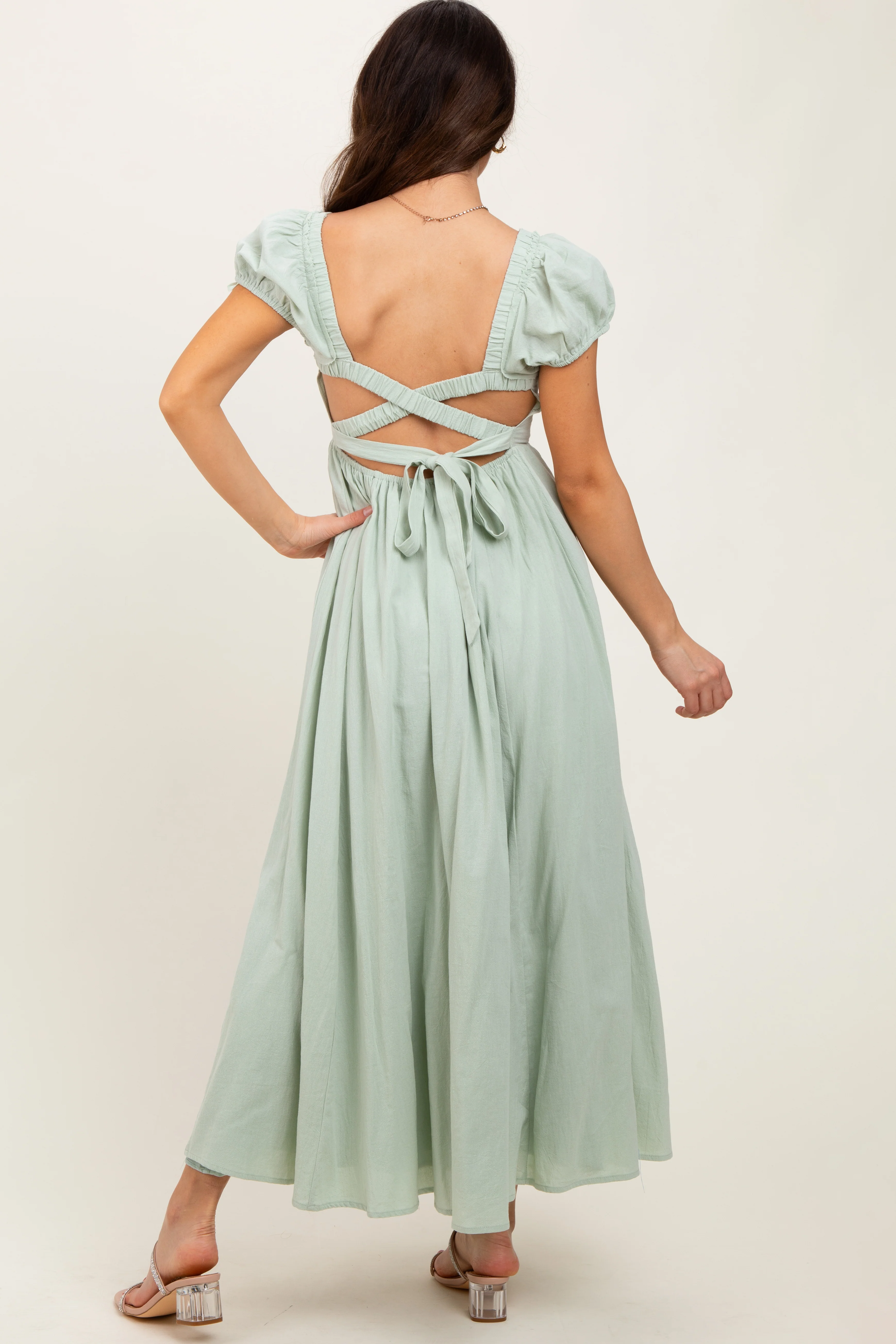 Mint Square Neck Smocked Top Criss Cross Back Tie Maxi Dress - Image 4