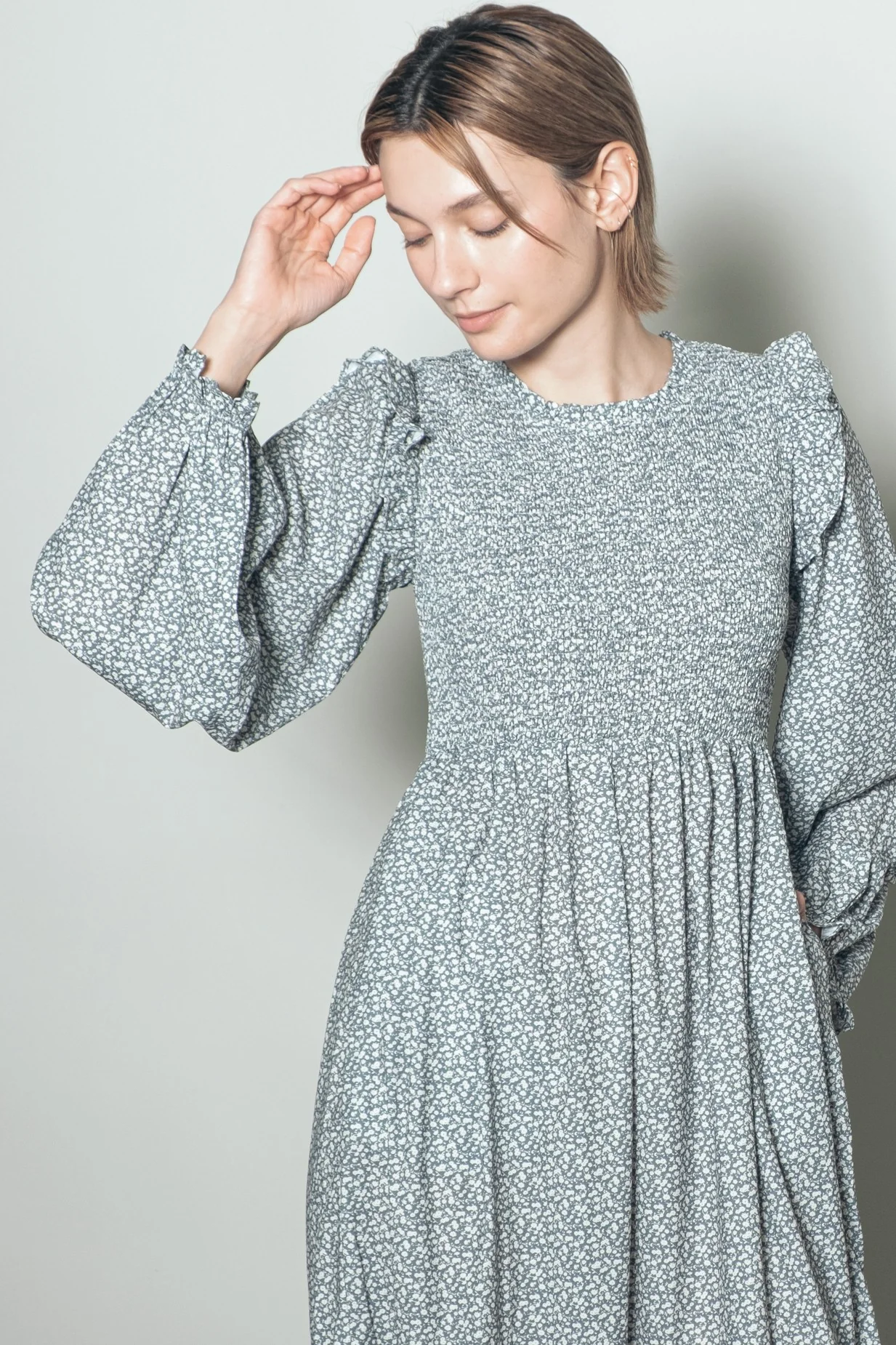 Mint Tiny Floral Ruffled Mock Neck Babydoll Midi Dress - Image 5