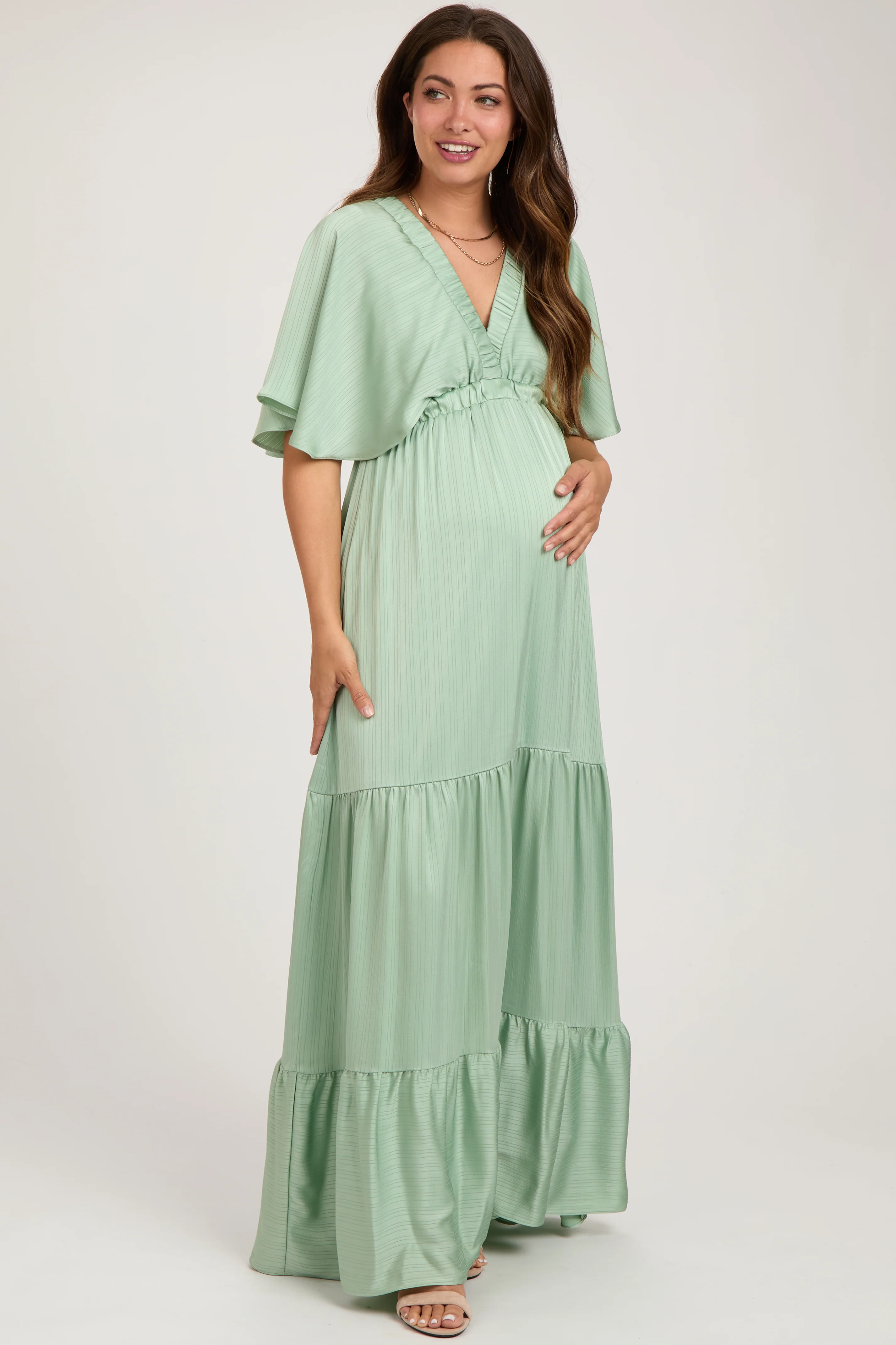 Mint V-Neck Flutter Sleeve Tiered Maternity Maxi Dress - Image 2