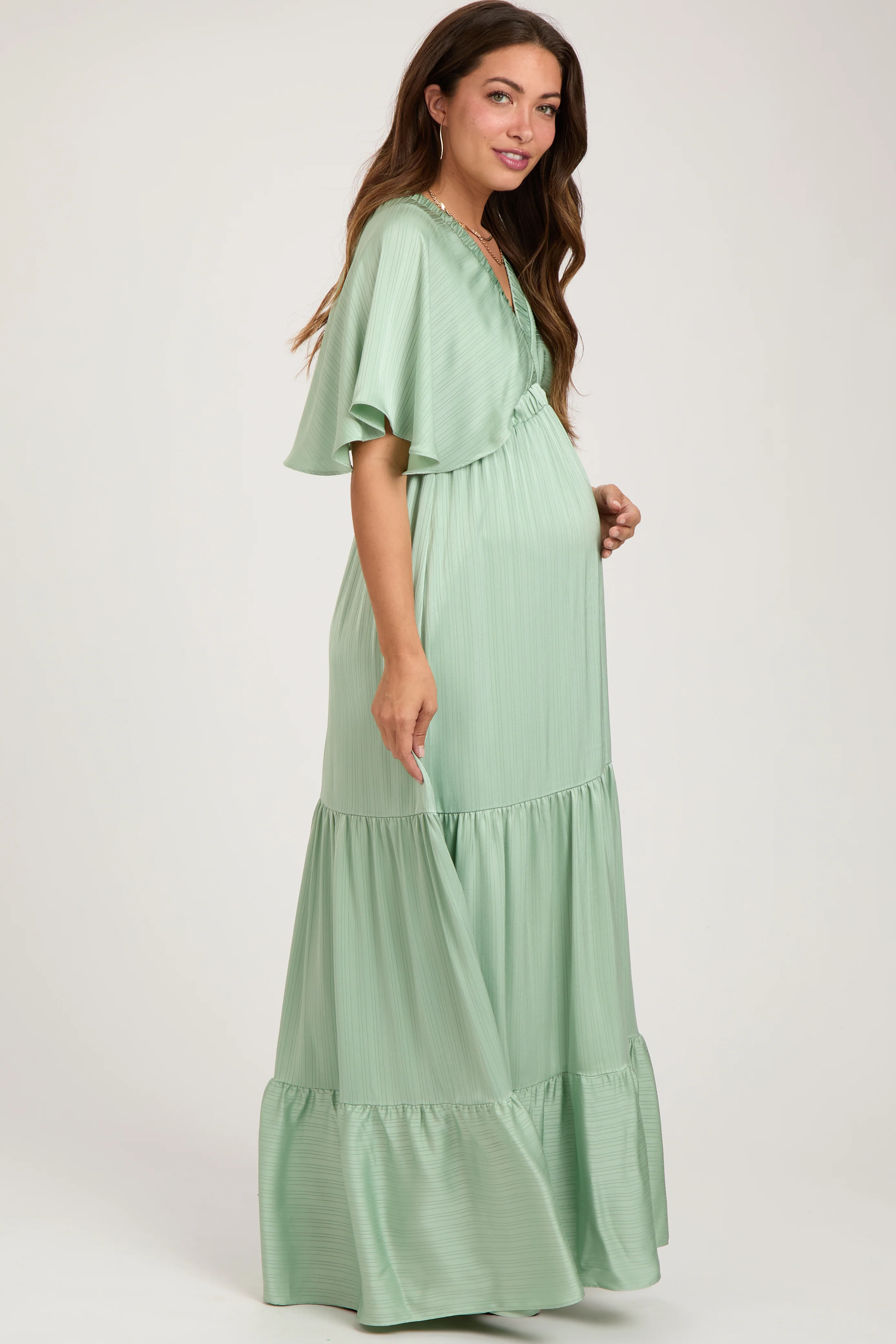 Mint V-Neck Flutter Sleeve Tiered Maternity Maxi Dress - Image 3