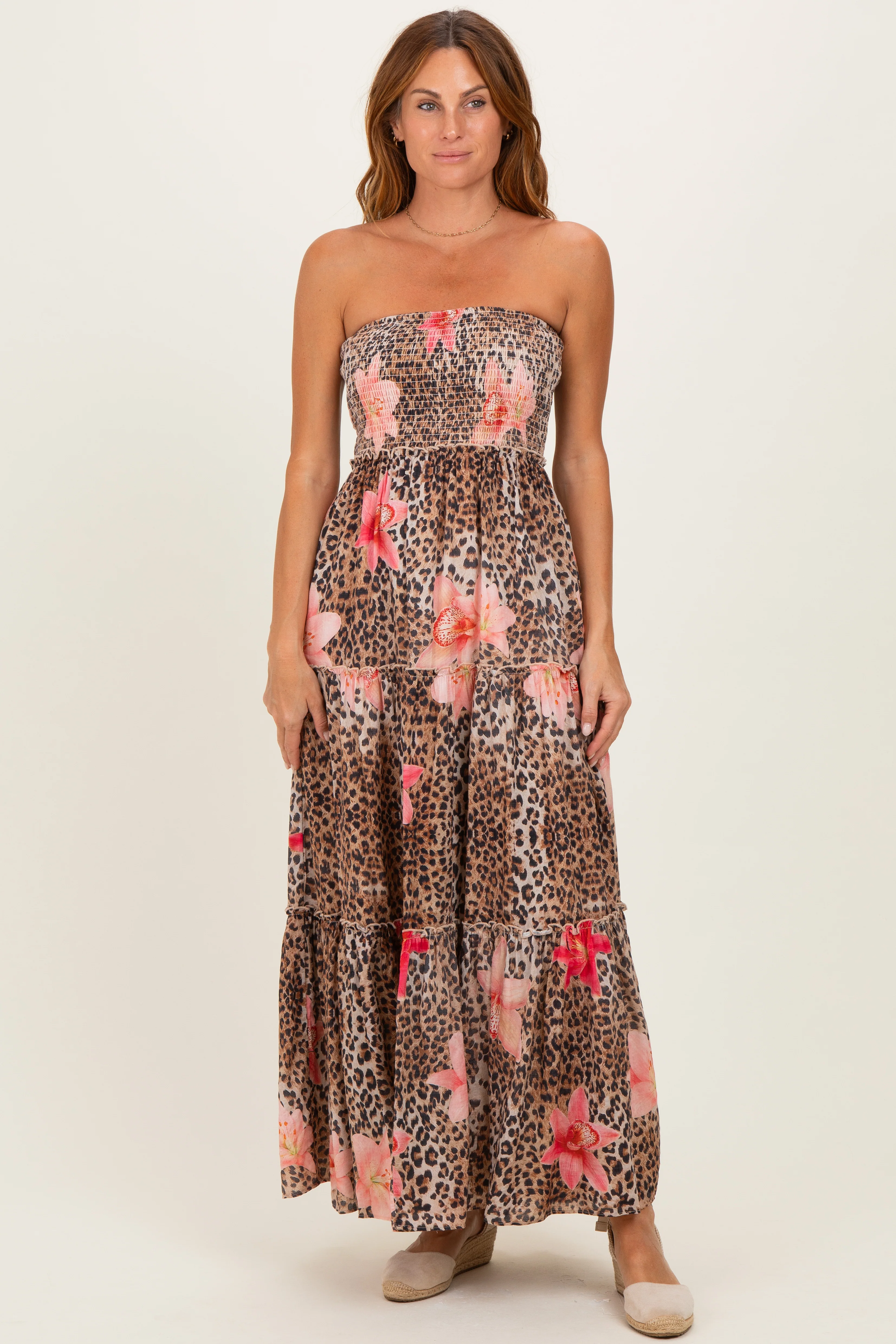 Mocha Animal Print Floral Smocked Strapless Maternity Maxi Dress - Image 4