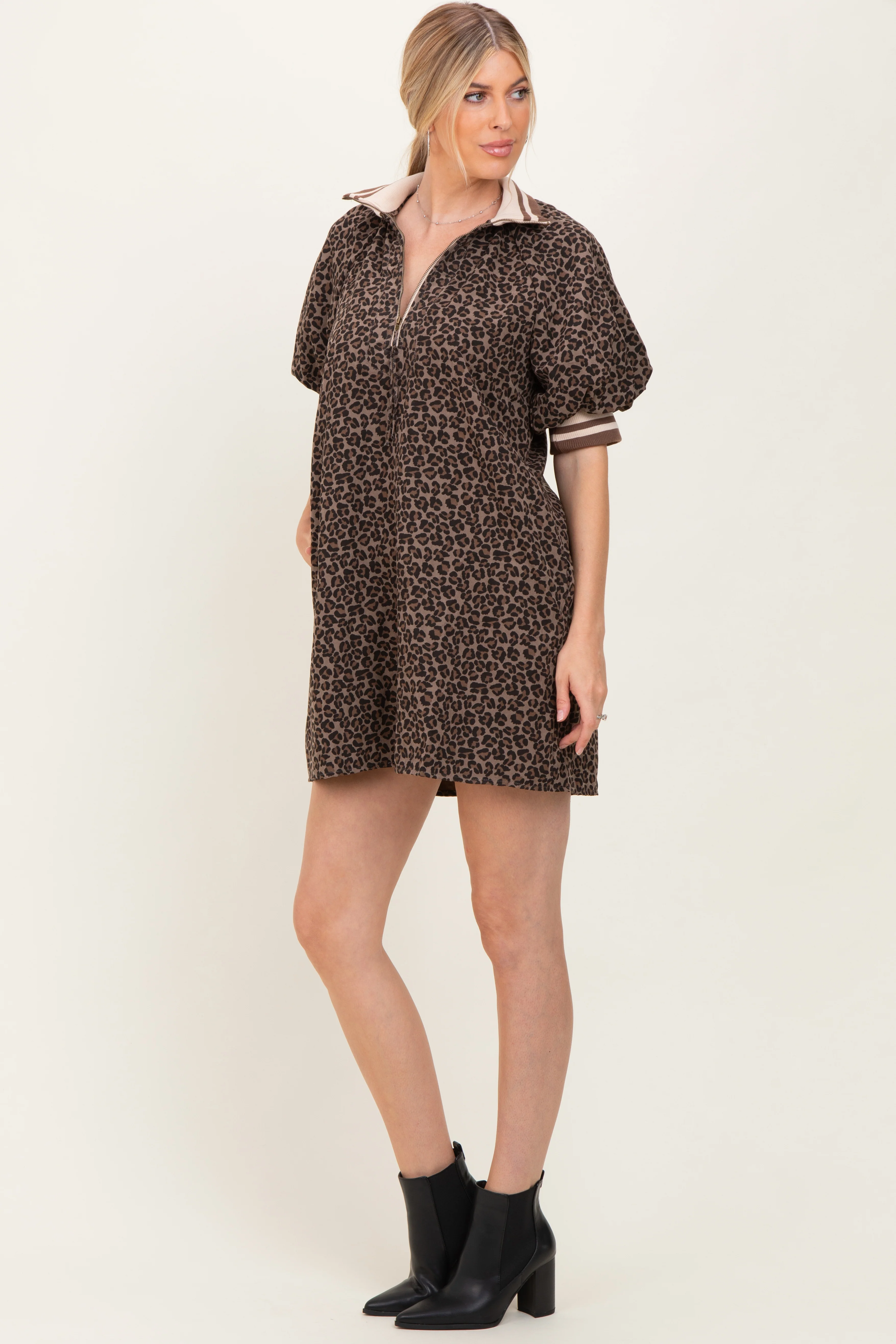 Mocha Animal Print Quarter Zip Puff Sleeve Mini Dress - Image 2