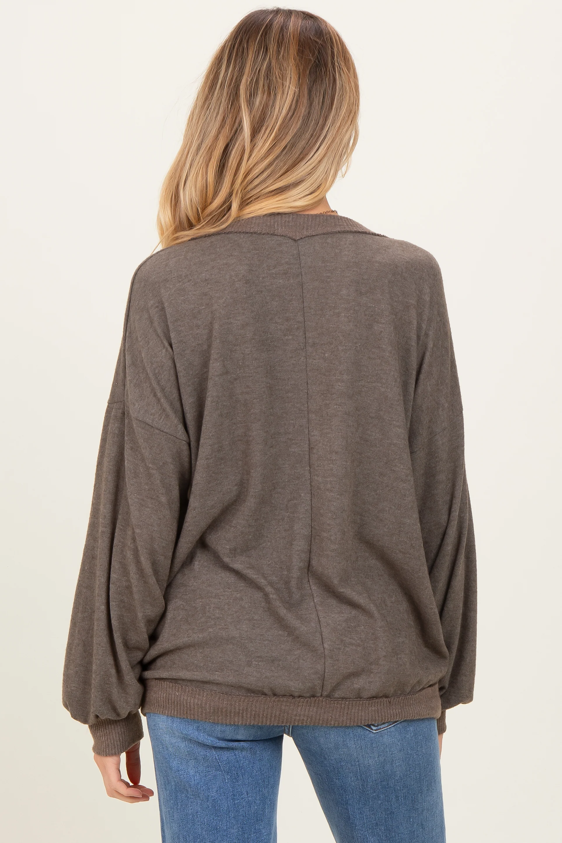 Mocha Brushed Long Sleeve Ribbed V-Neck Maternity Top - Image 4
