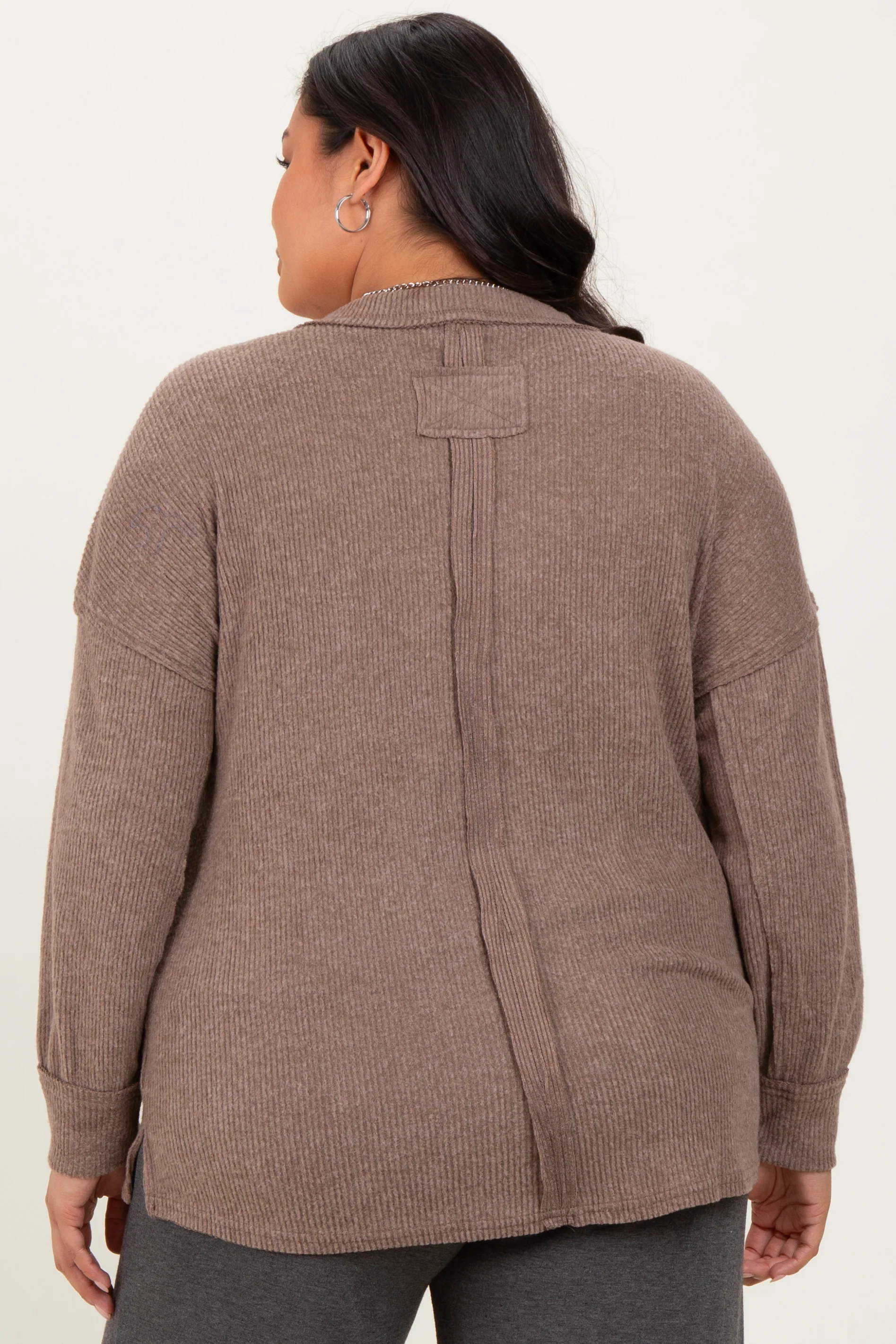 Mocha Brushed Ribbed Knit Plus Pullover - Image 4