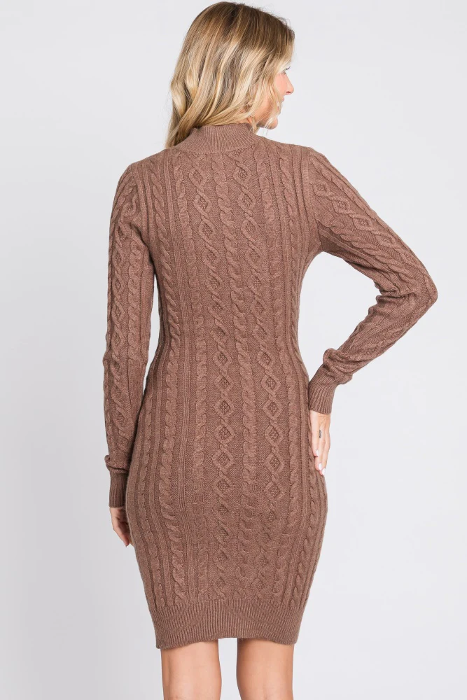 Mocha Cable Knit Mock Neck Long Sleeve Sweater Dress - Image 4