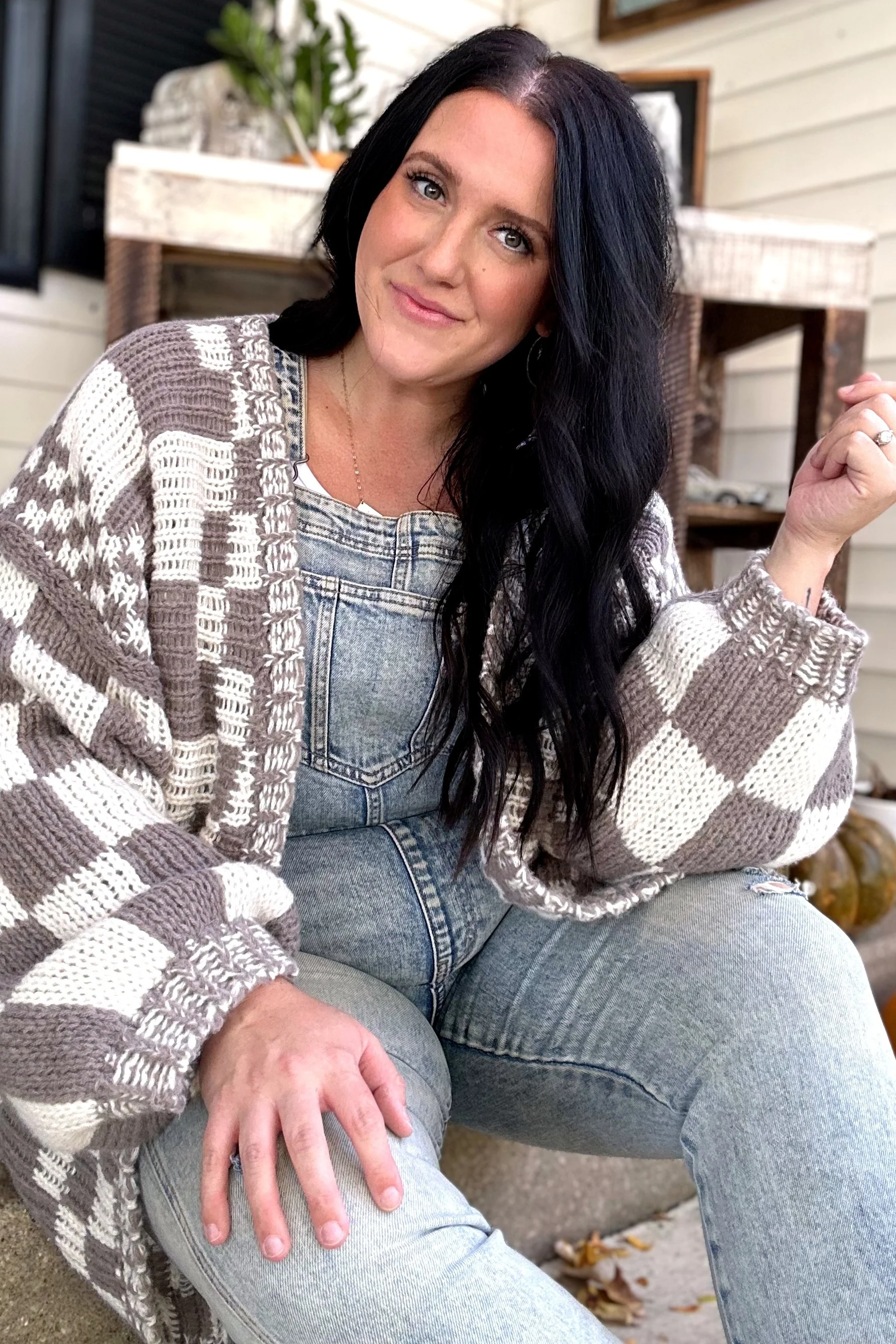 Mocha Checkered Oversized Chunky Knit Cardigan - Image 6