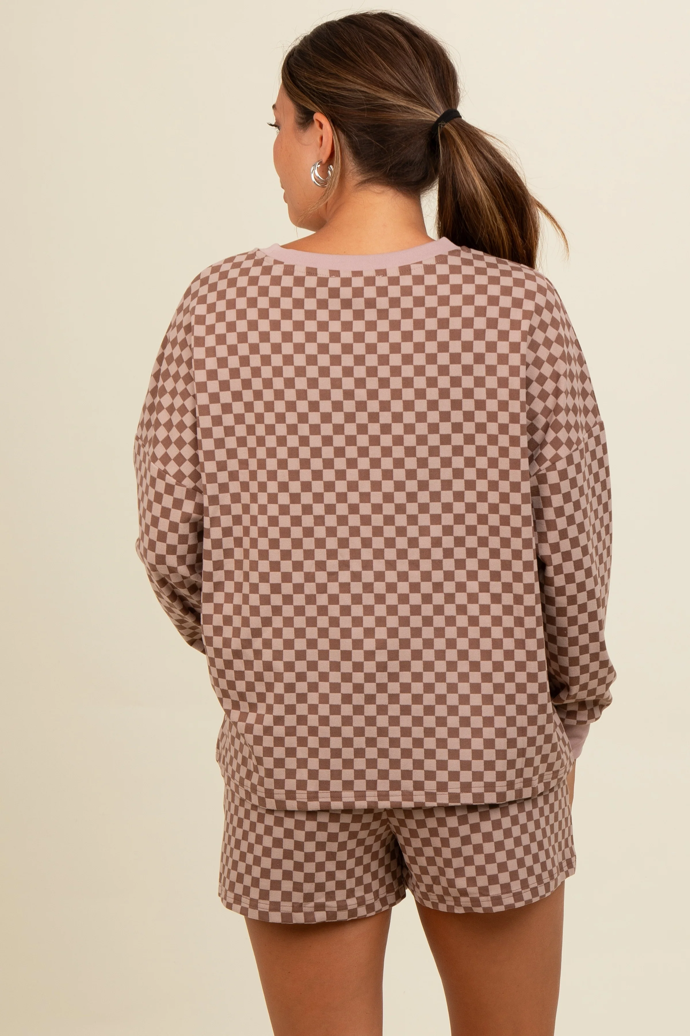 Mocha Checkered Plaid Pullover Shorts Maternity Set - Image 4