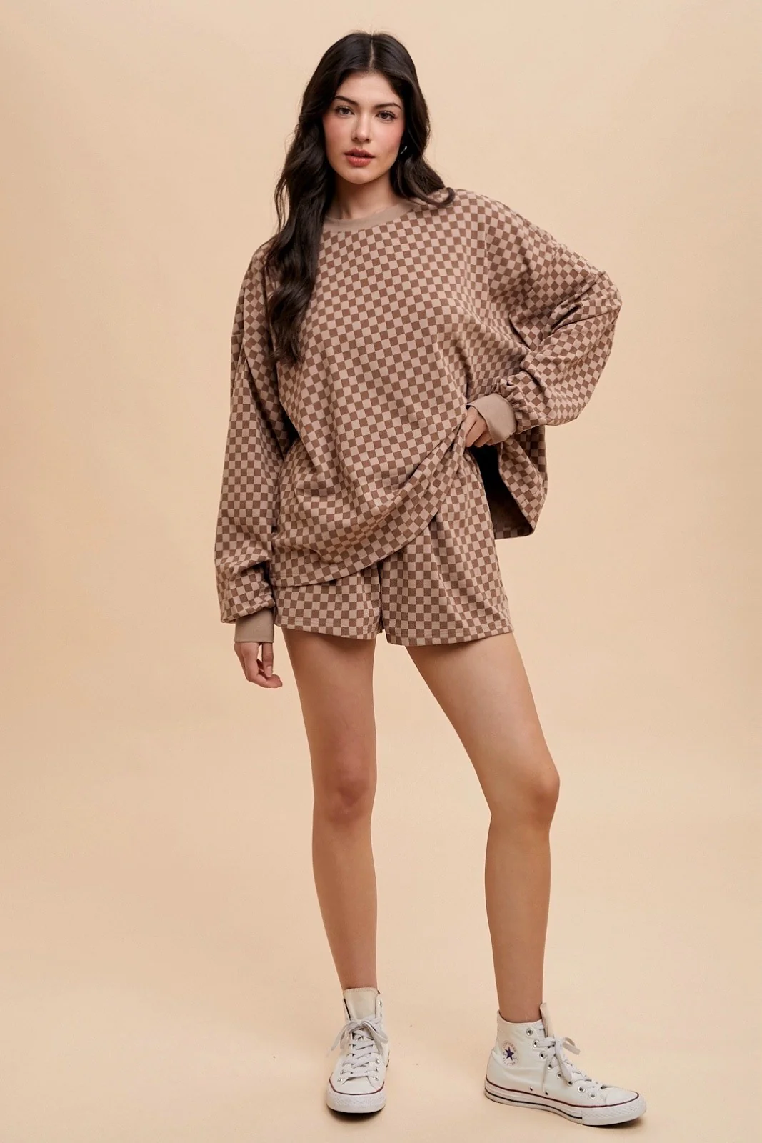 Mocha Checkered Plaid Pullover Shorts Set - Image 5