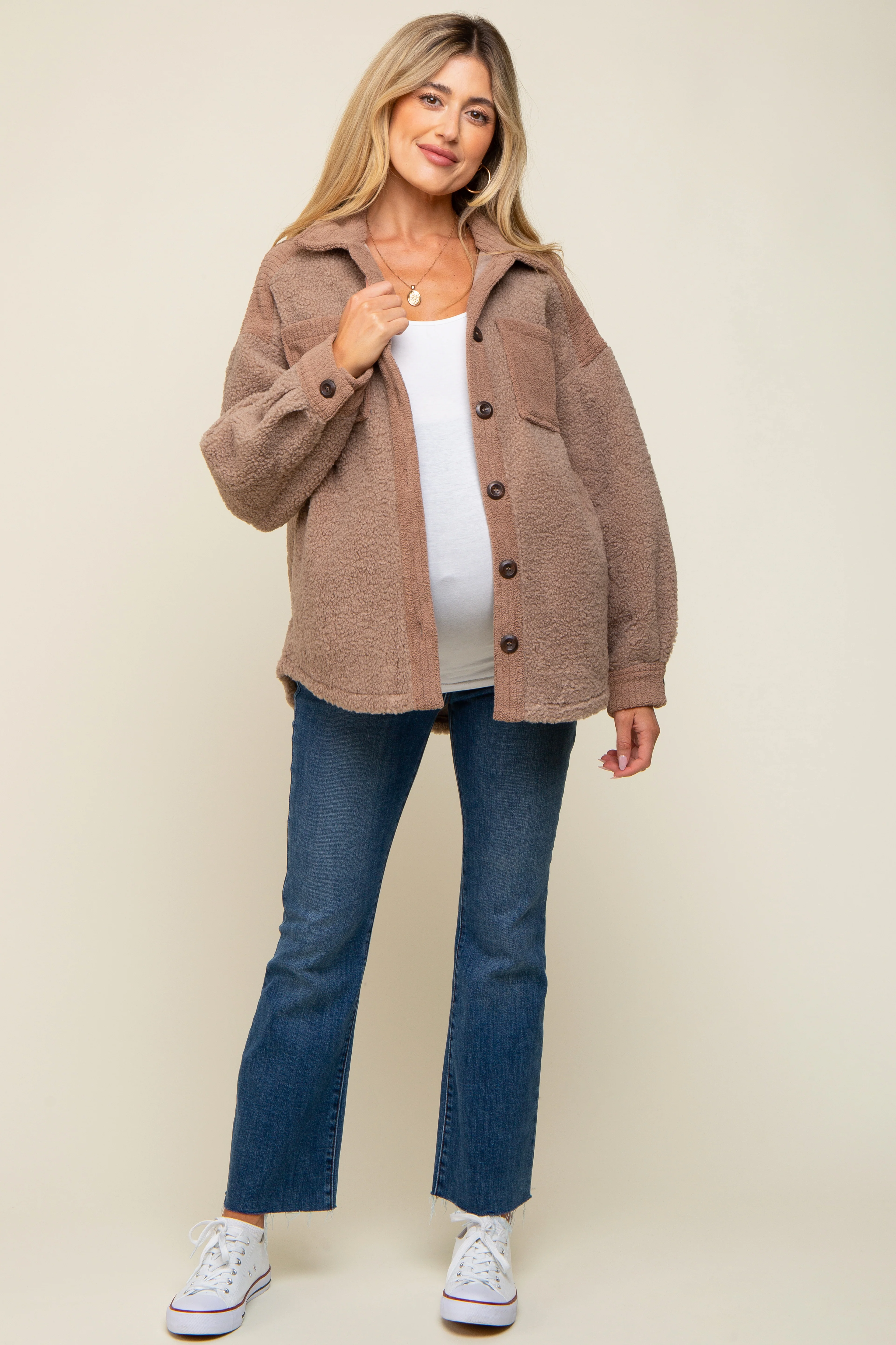 Mocha Colorblock Fleece Maternity Shirt Jacket - Image 4