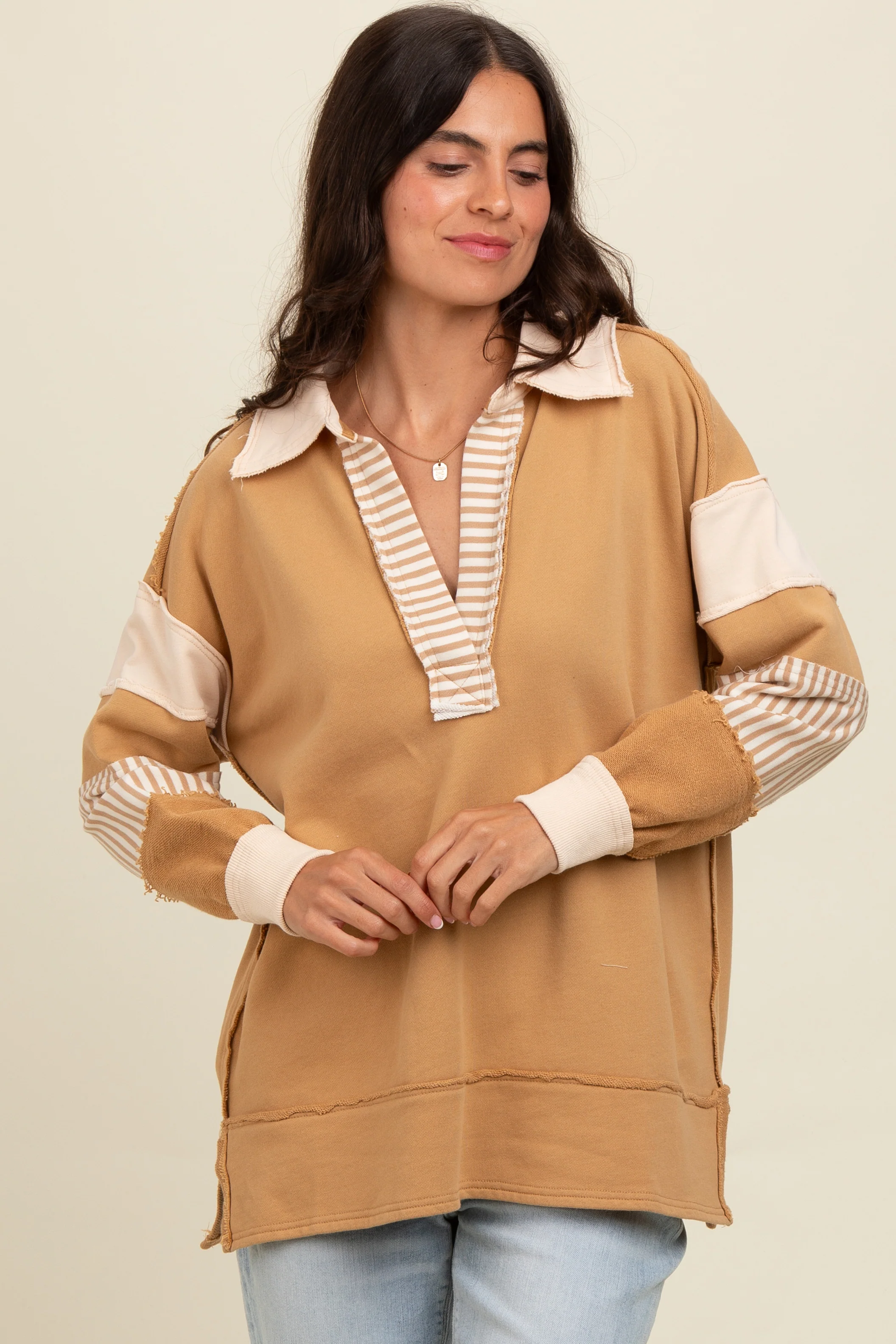 Mocha Colorblock Stripe Maternity Polo Pullover Top - Image 6