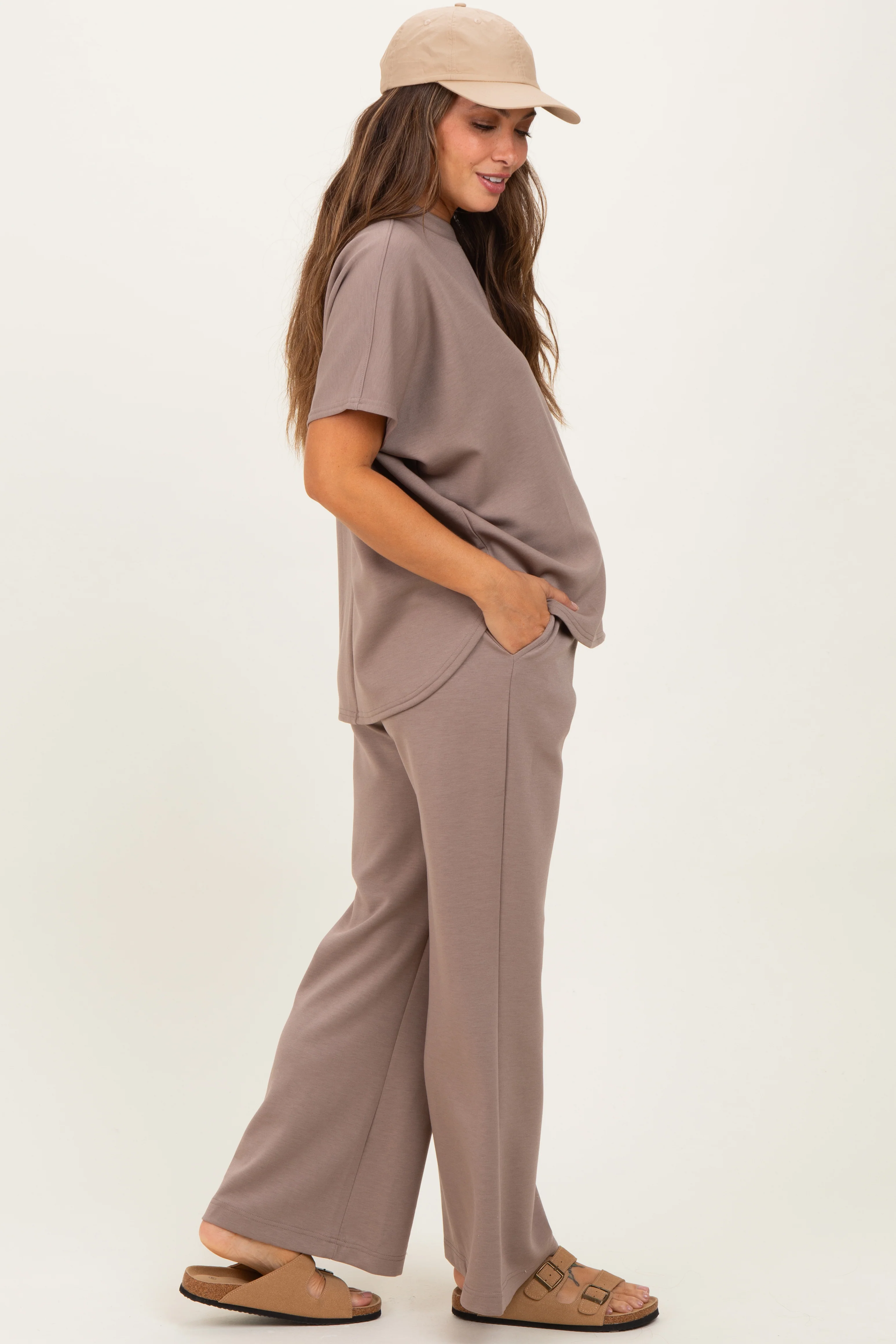 Mocha Curved Hem Tee Pants Maternity Lounge Set - Image 3