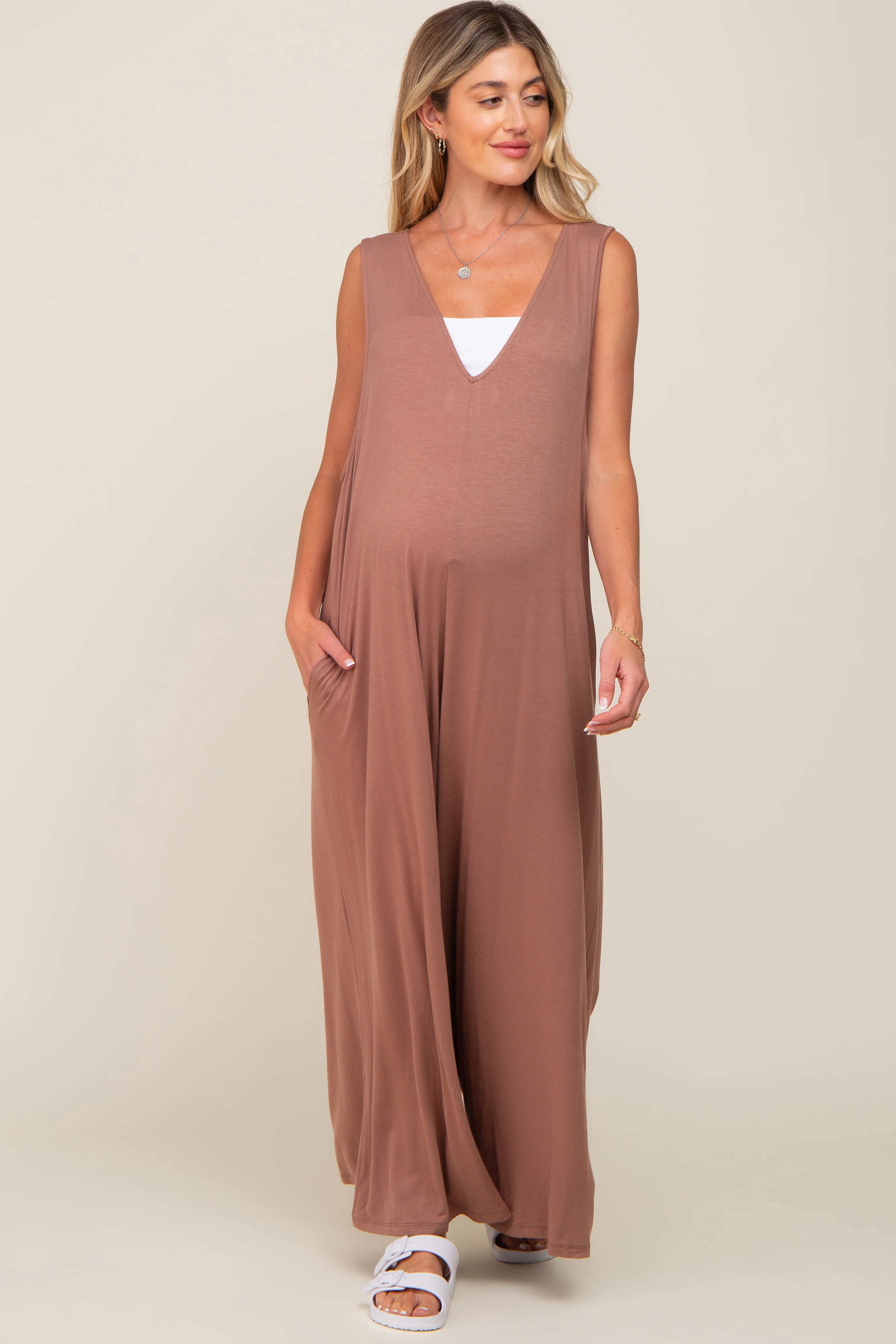 Mocha Deep V Sleeveless Wide Leg Maternity Jumpsuit - Image 4