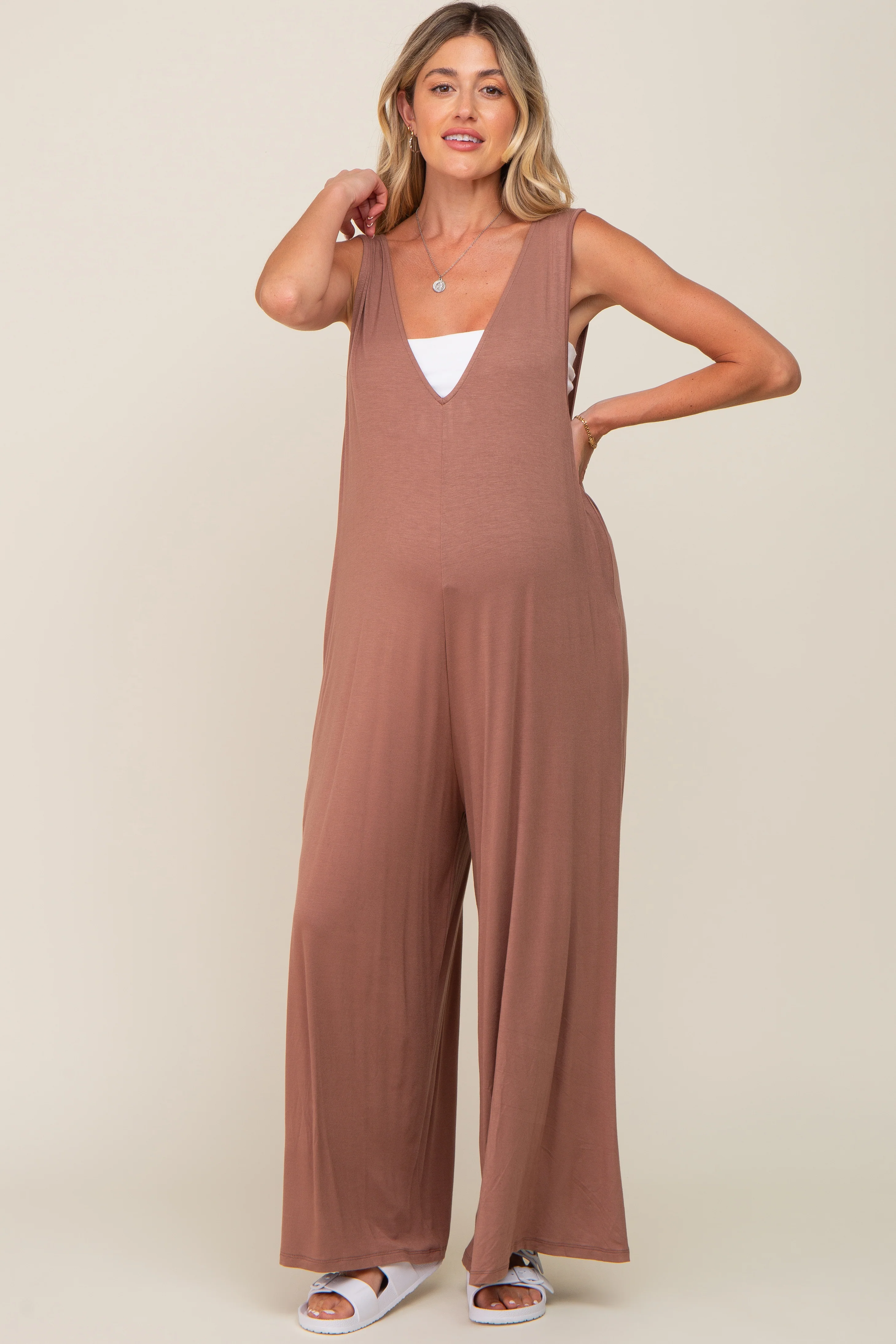 Mocha Deep V Sleeveless Wide Leg Maternity Jumpsuit - Image 5