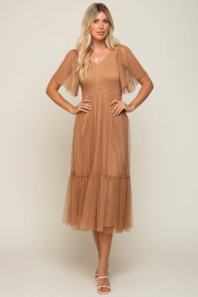 Mocha Dotted Tulle Smocked Maternity Midi Dress - Image 6