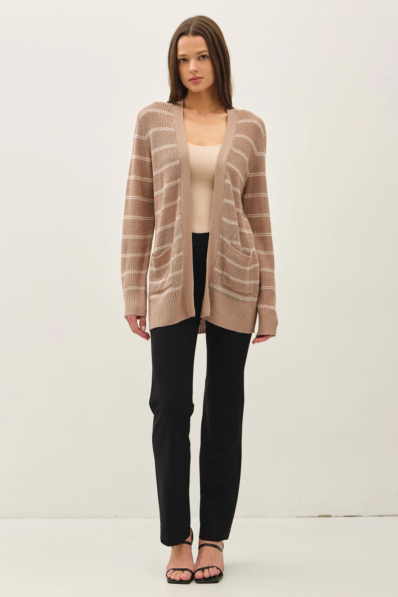 Mocha Fine Knit Striped Open Cardigan - Image 2