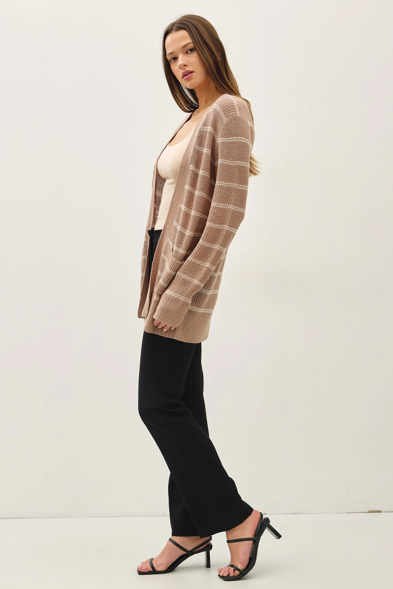 Mocha Fine Knit Striped Open Cardigan - Image 3