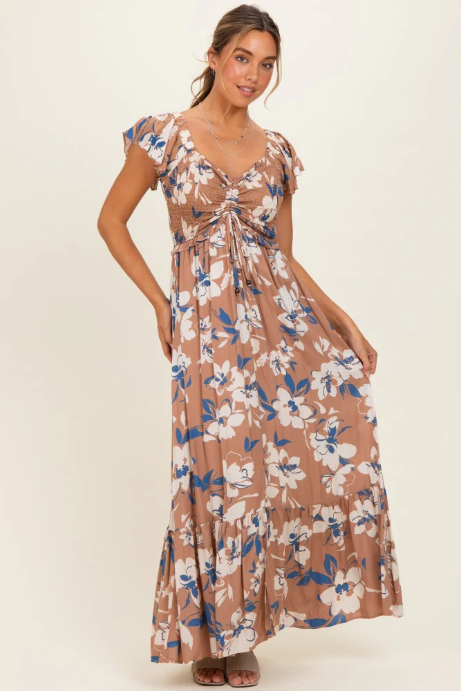 Mocha Floral Cinched Smocked Maternity Maxi Dress - Image 5