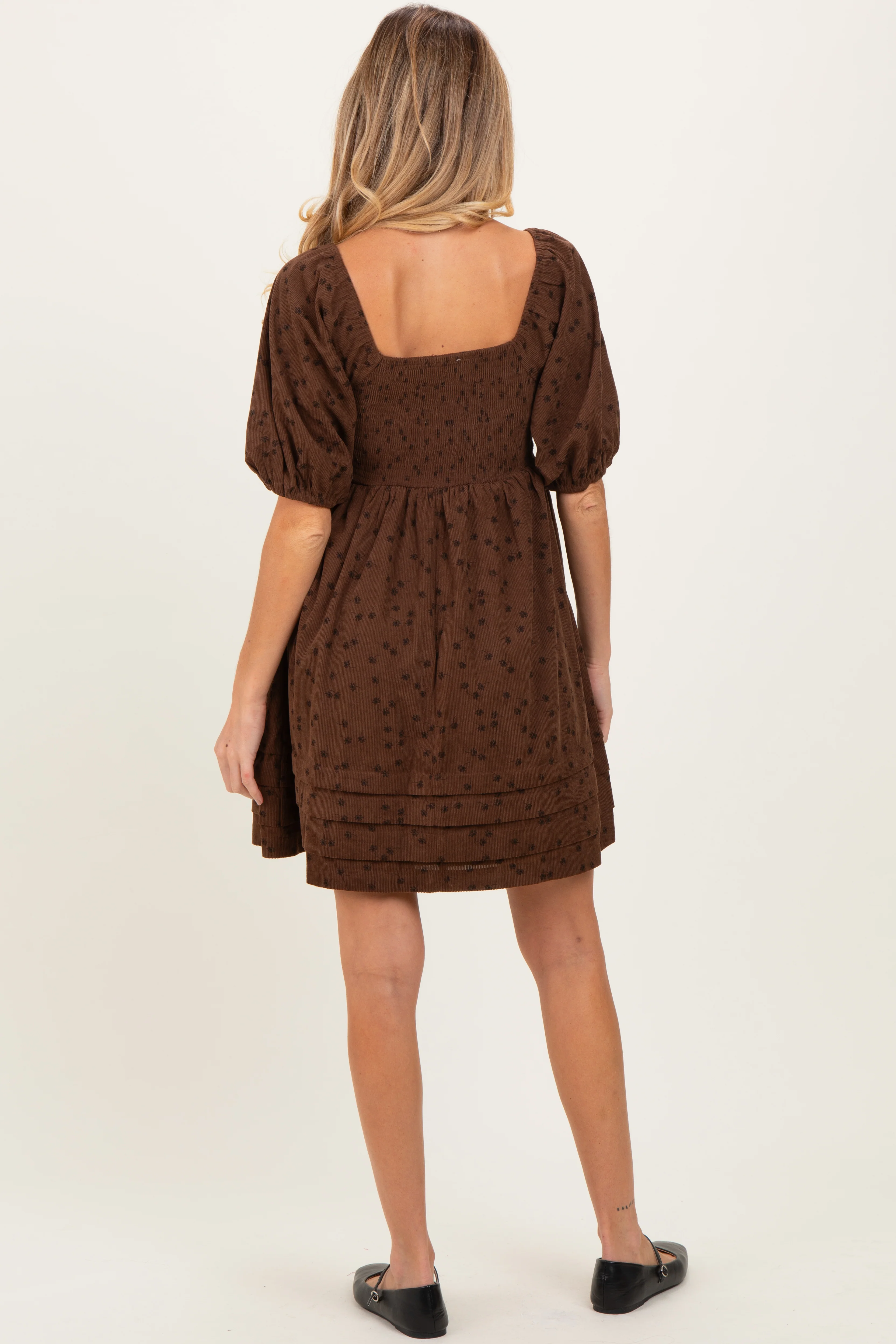 Mocha Floral Corduroy Puff Sleeve Babydoll Mini Maternity Dress - Image 4