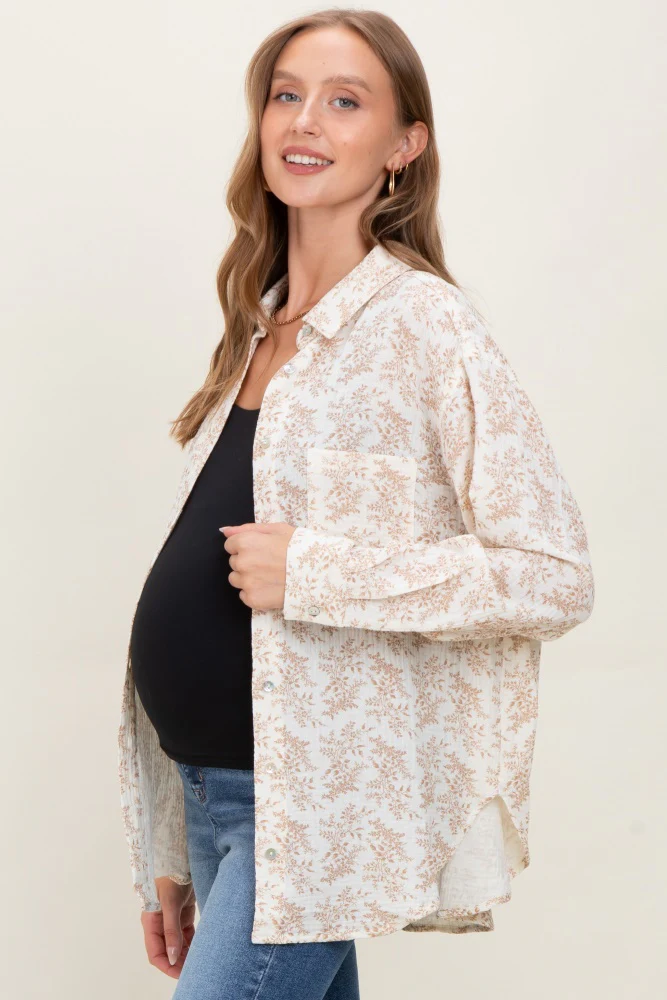 Mocha Floral Cotton Gauze Oversized Button-Down Maternity Shirt - Image 3