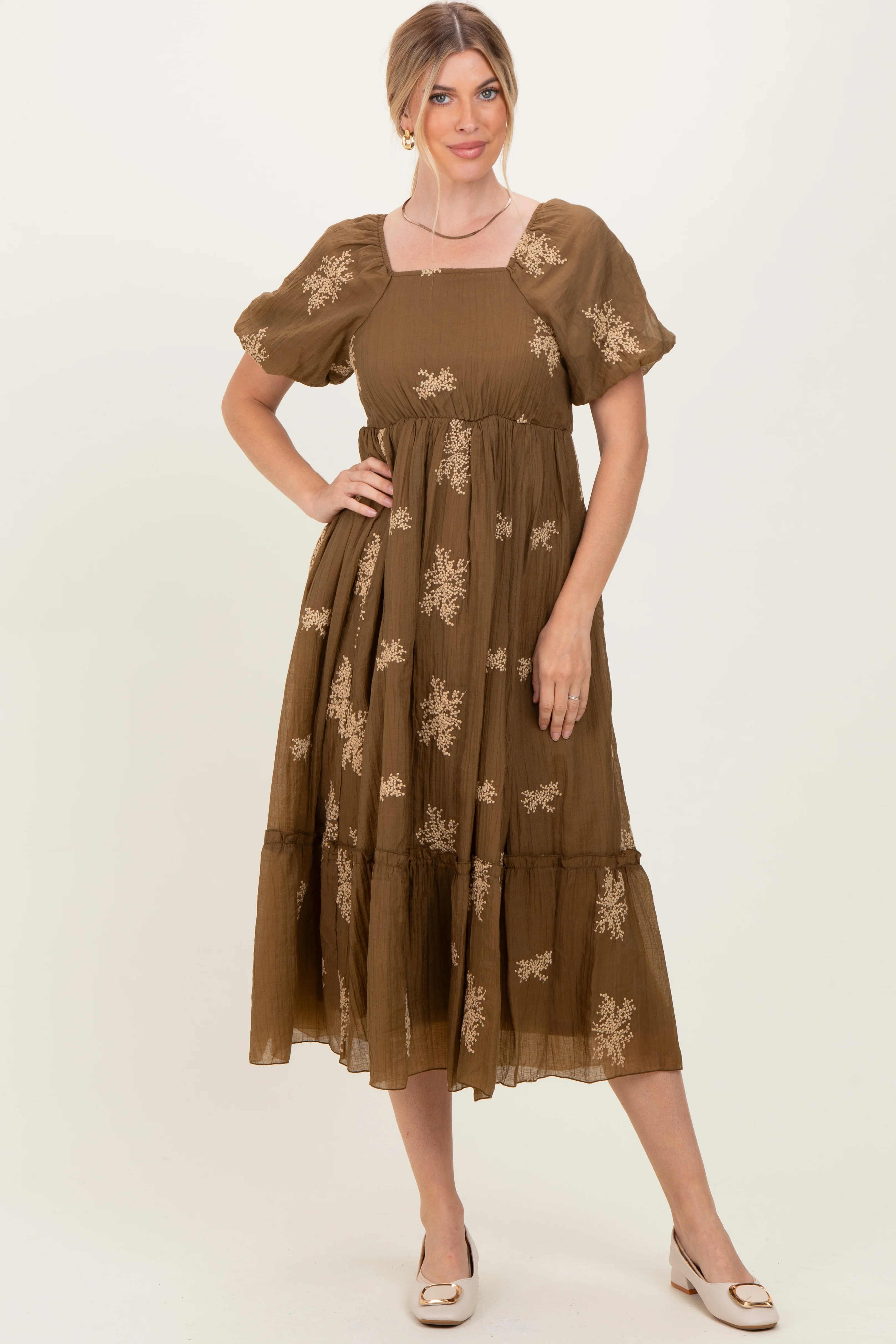 Mocha Floral Embroidered Puff Sleeve Maternity Midi Dress - Image 5