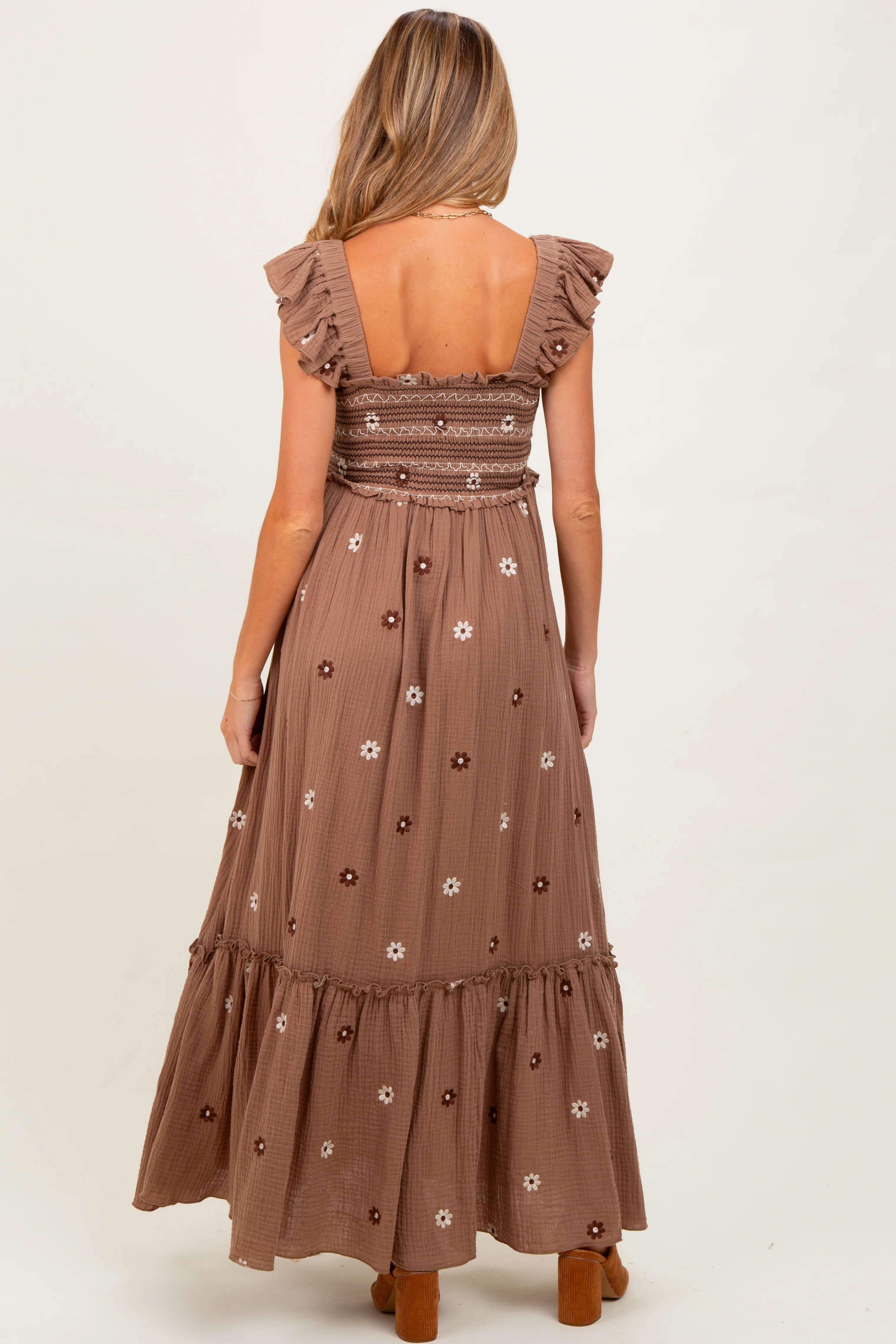 Mocha Floral Embroidered Smocked Maternity Maxi Dress - Image 4