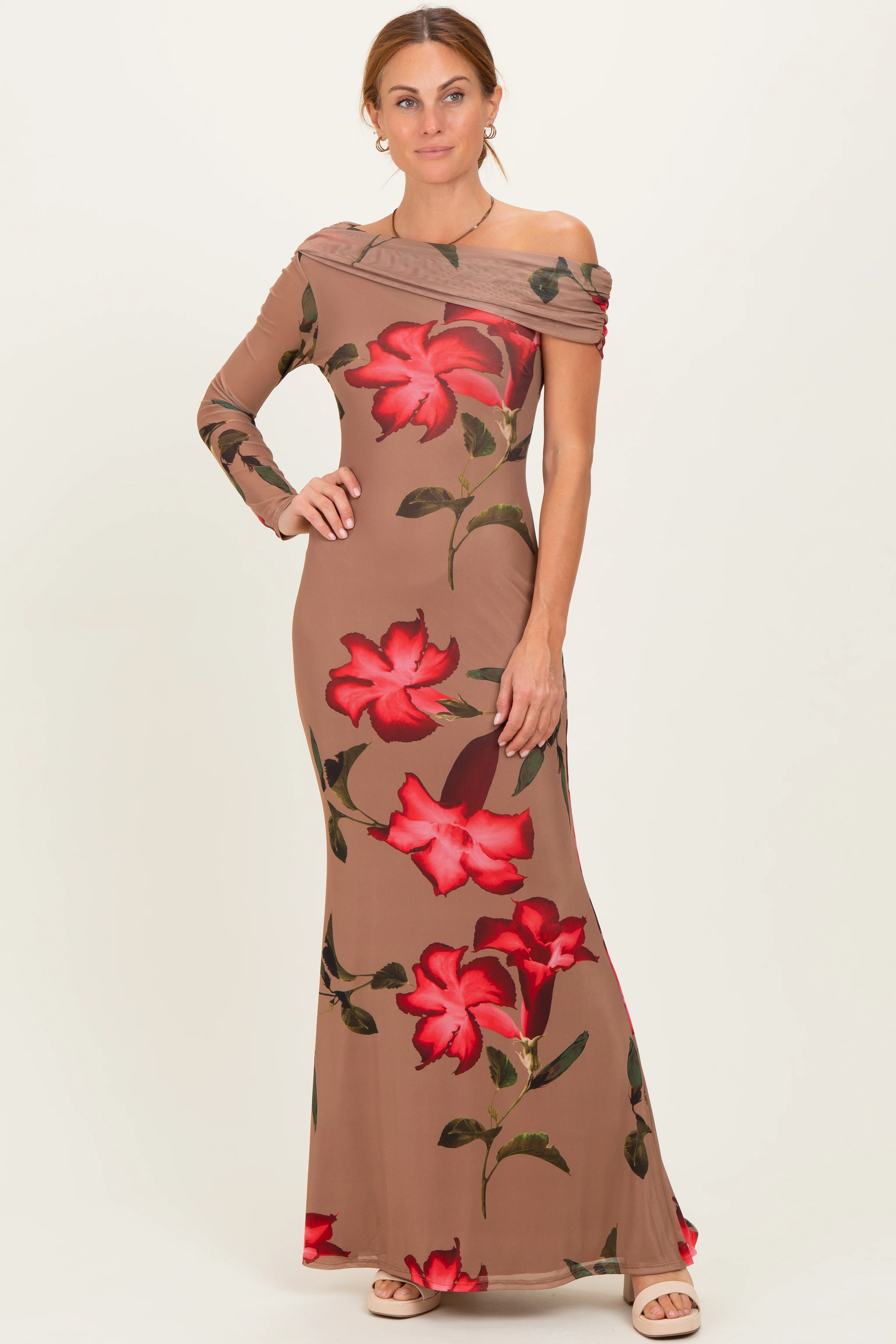 Mocha Floral Off Shoulder One Sleeve Maxi Dress - Image 2
