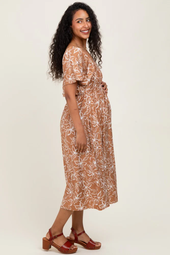 Mocha Floral Print Smocked Maternity Midi Dress - Image 3
