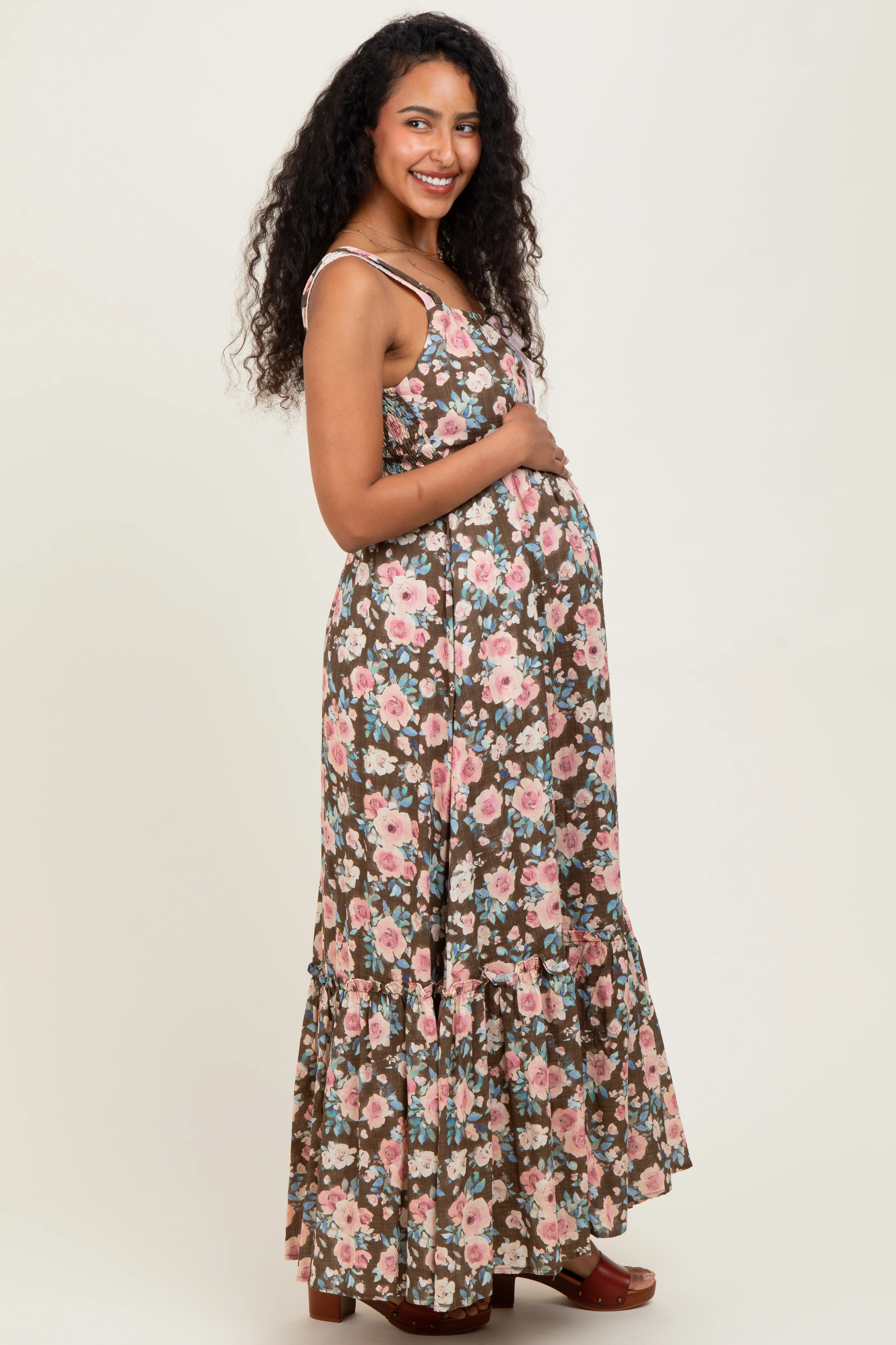Mocha Floral Ruffle Detail Maternity Maxi Dress - Image 3