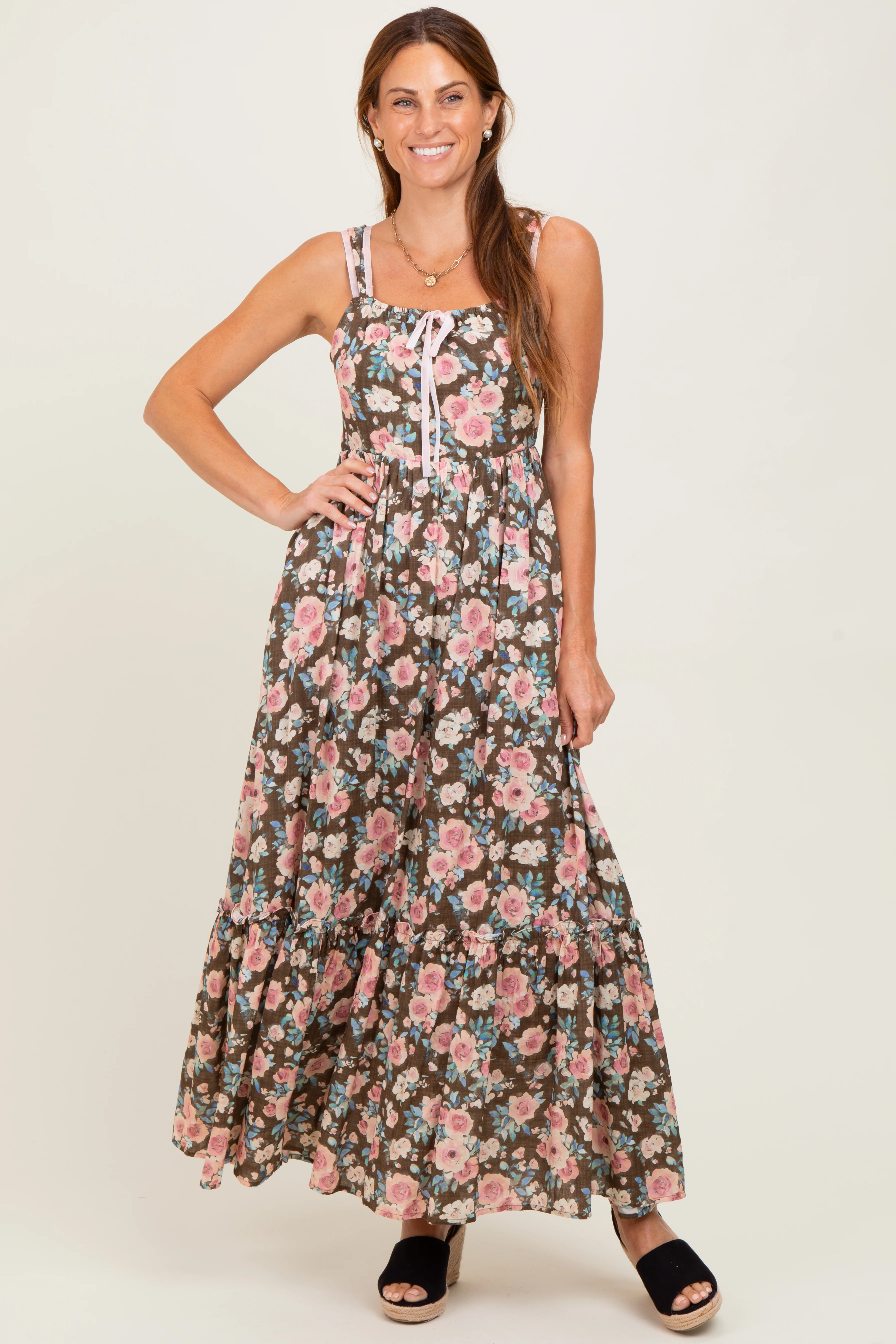Mocha Floral Ruffle Detail Maternity Maxi Dress - Image 5