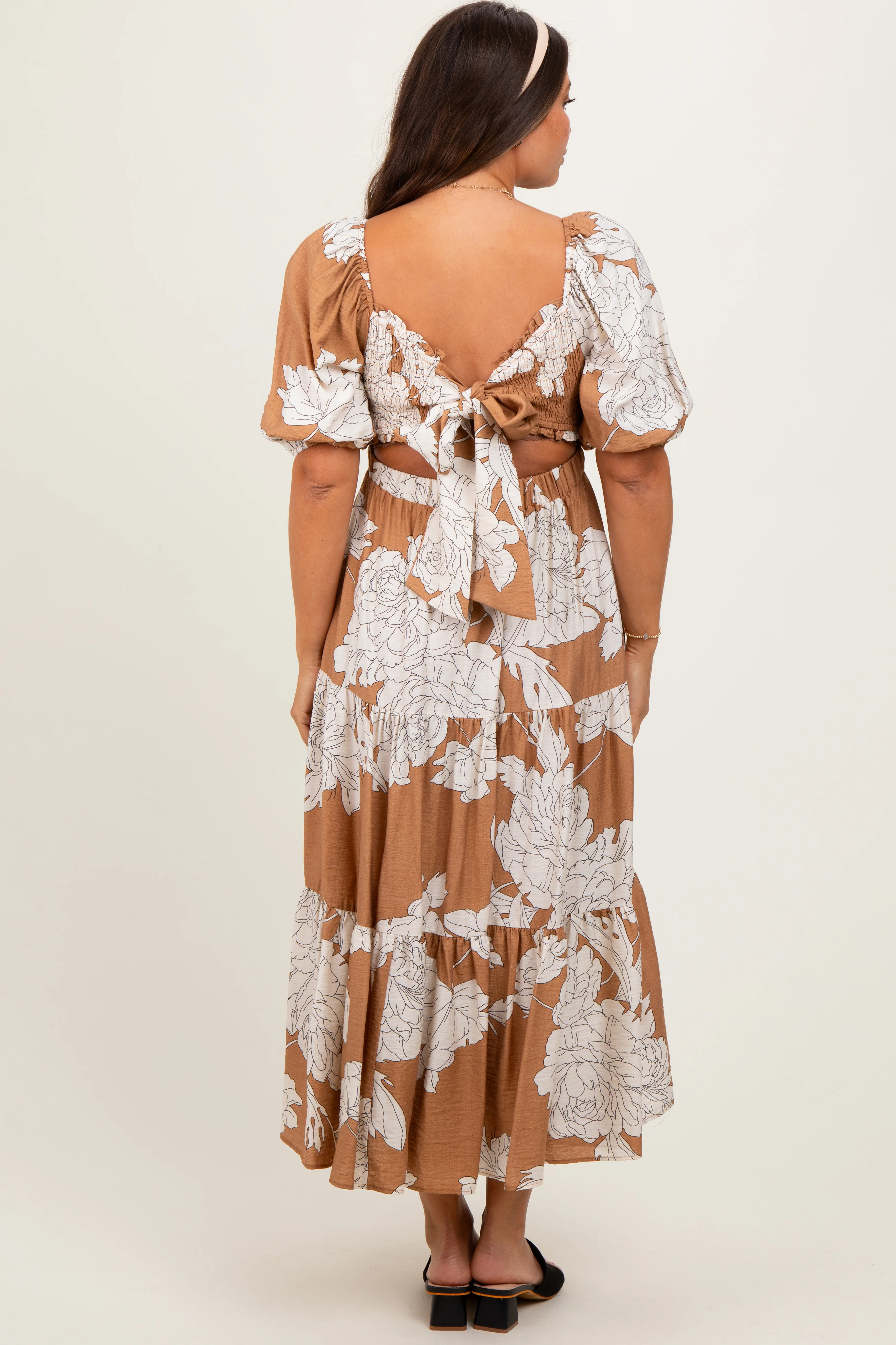 Mocha Floral Smocked Front Tie Cutout Maternity Maxi Dress - Image 4