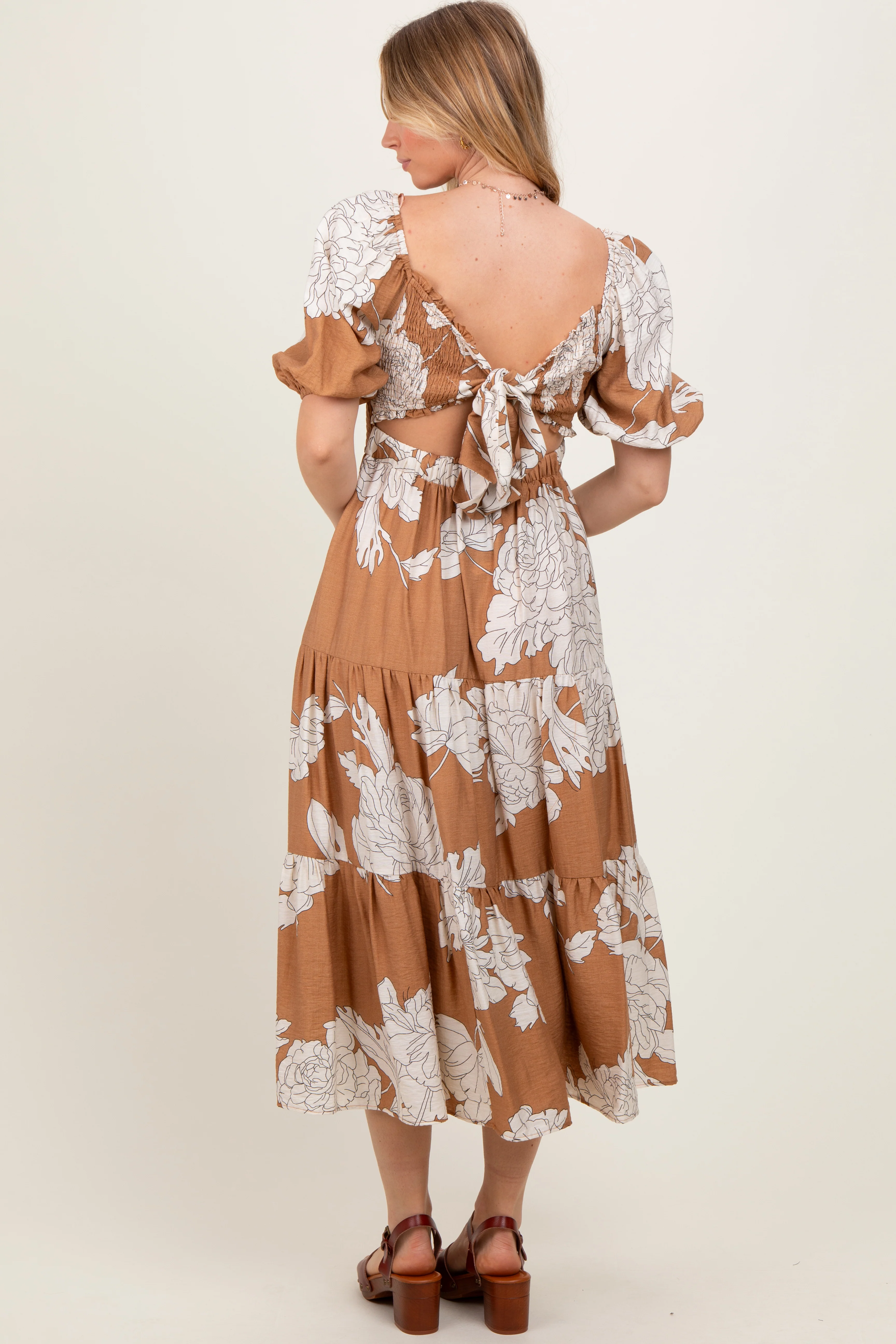 Mocha Floral Smocked Front Tie Cutout Maxi Dress - Image 3