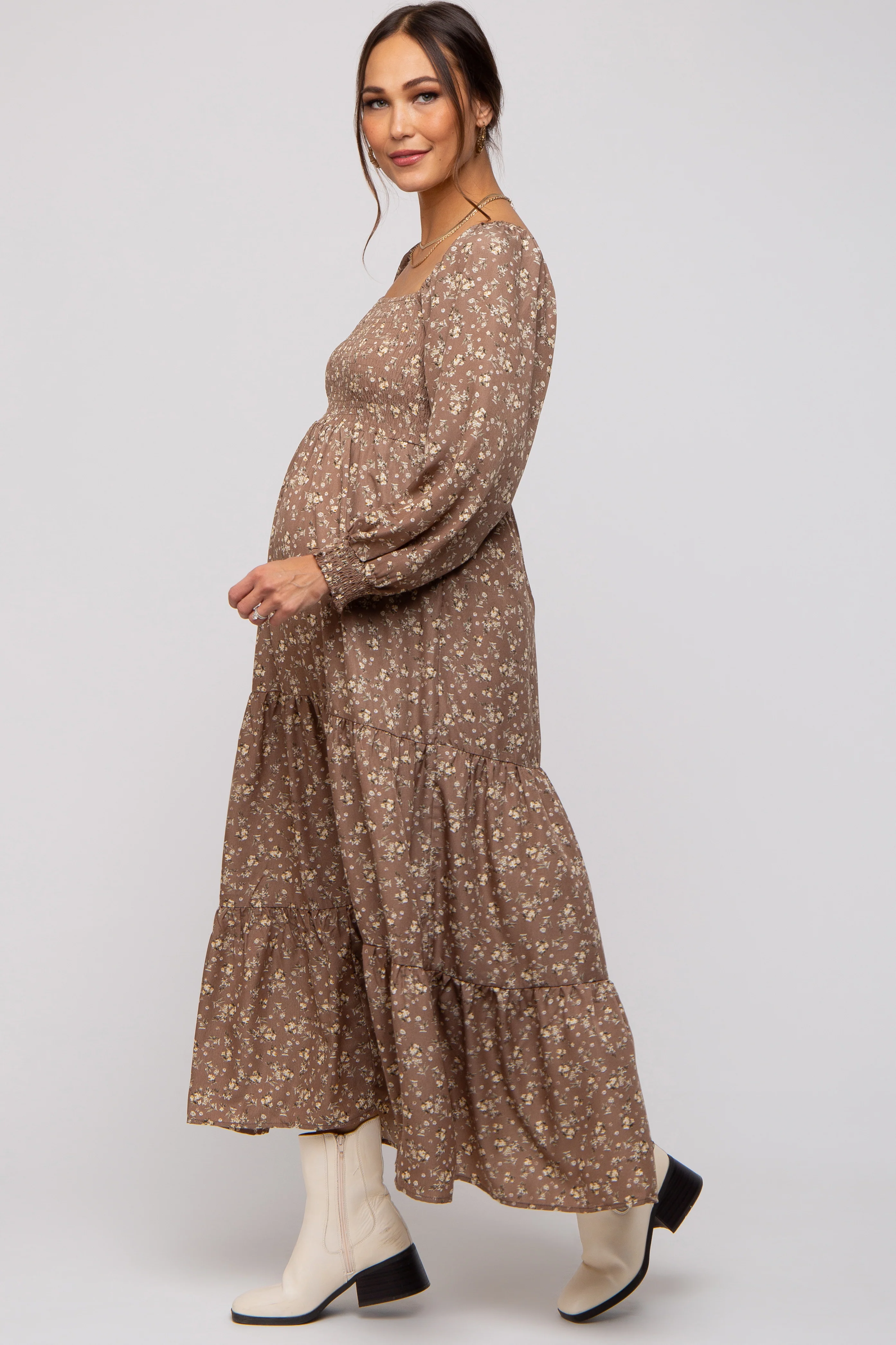 Mocha Floral Smocked Long Sleeve Maternity Maxi Dress - Image 3
